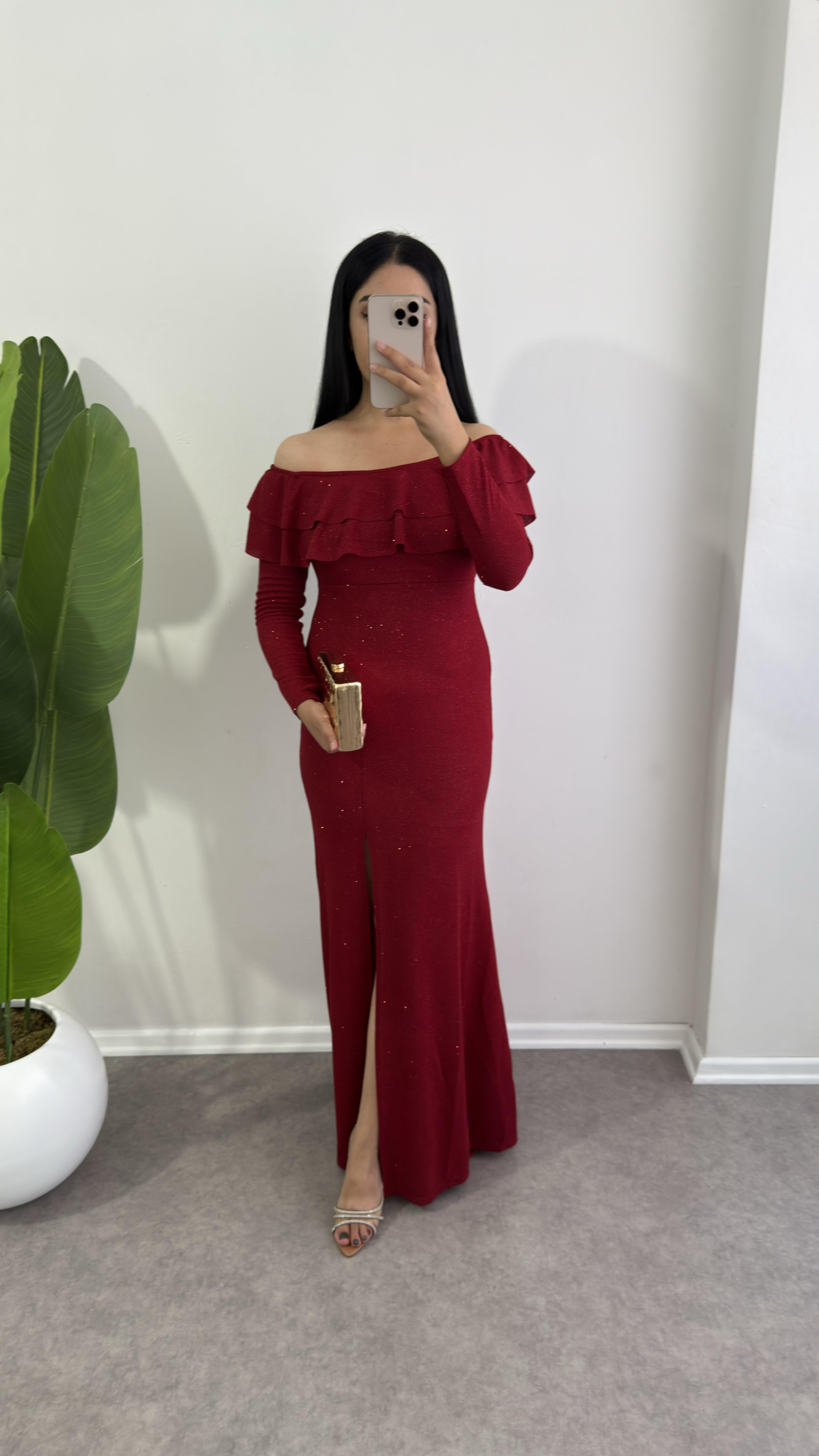 kırmızı Madonna Yaka Mera Elbise