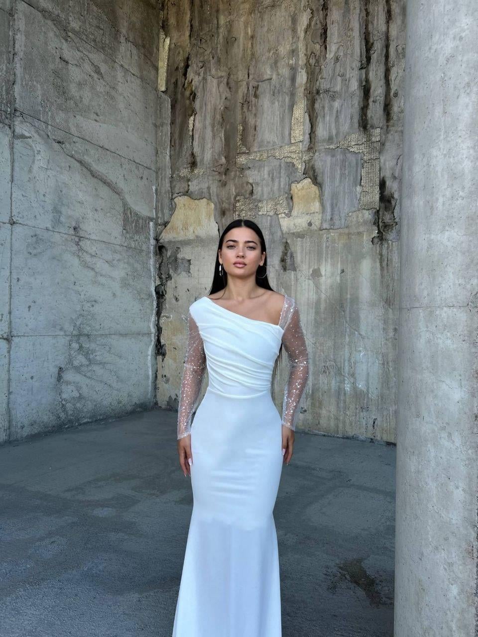 Kollar Payetli Beyaz Naca Elbise