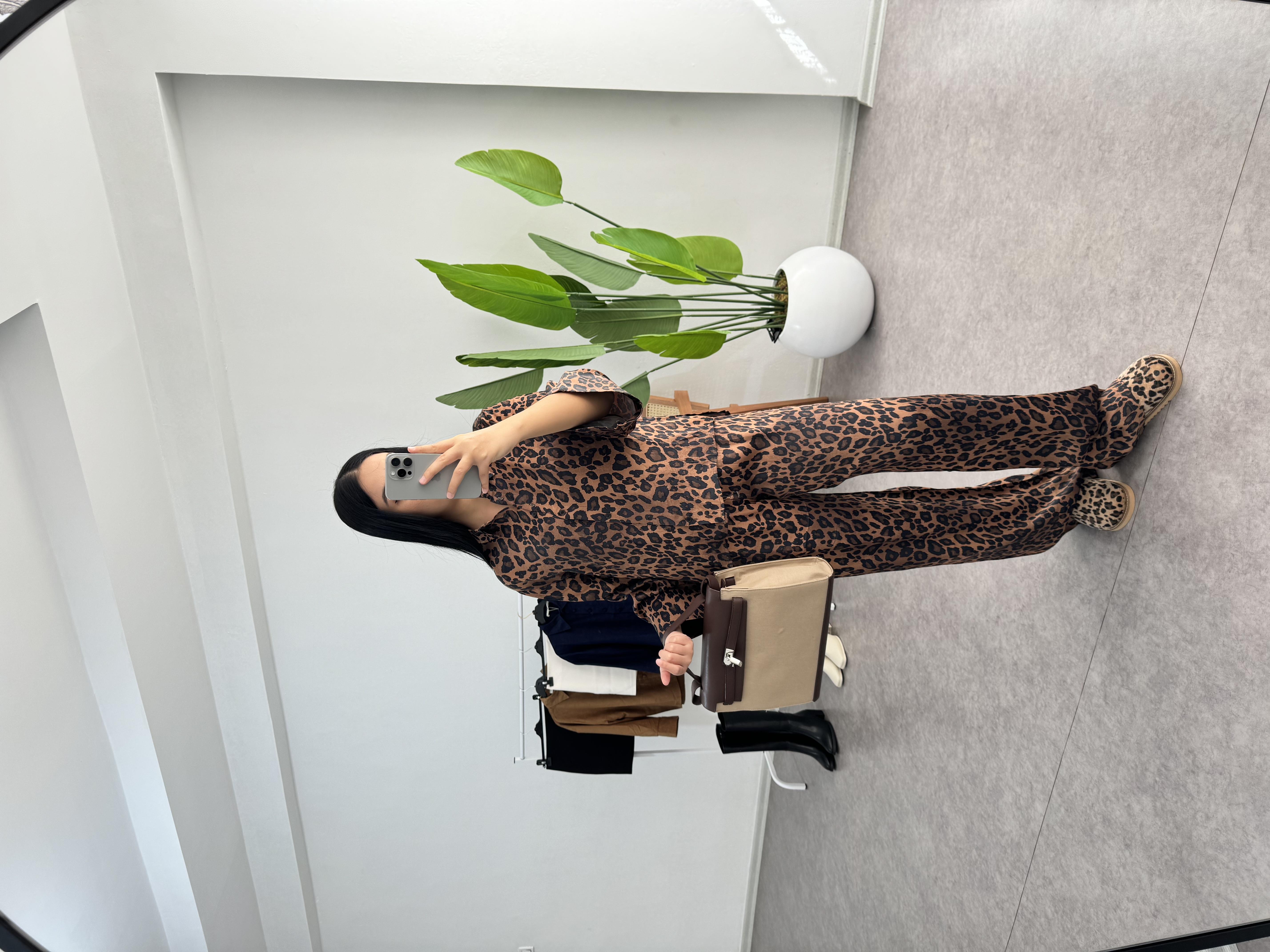 Leopar Saten Kahverengi Takım