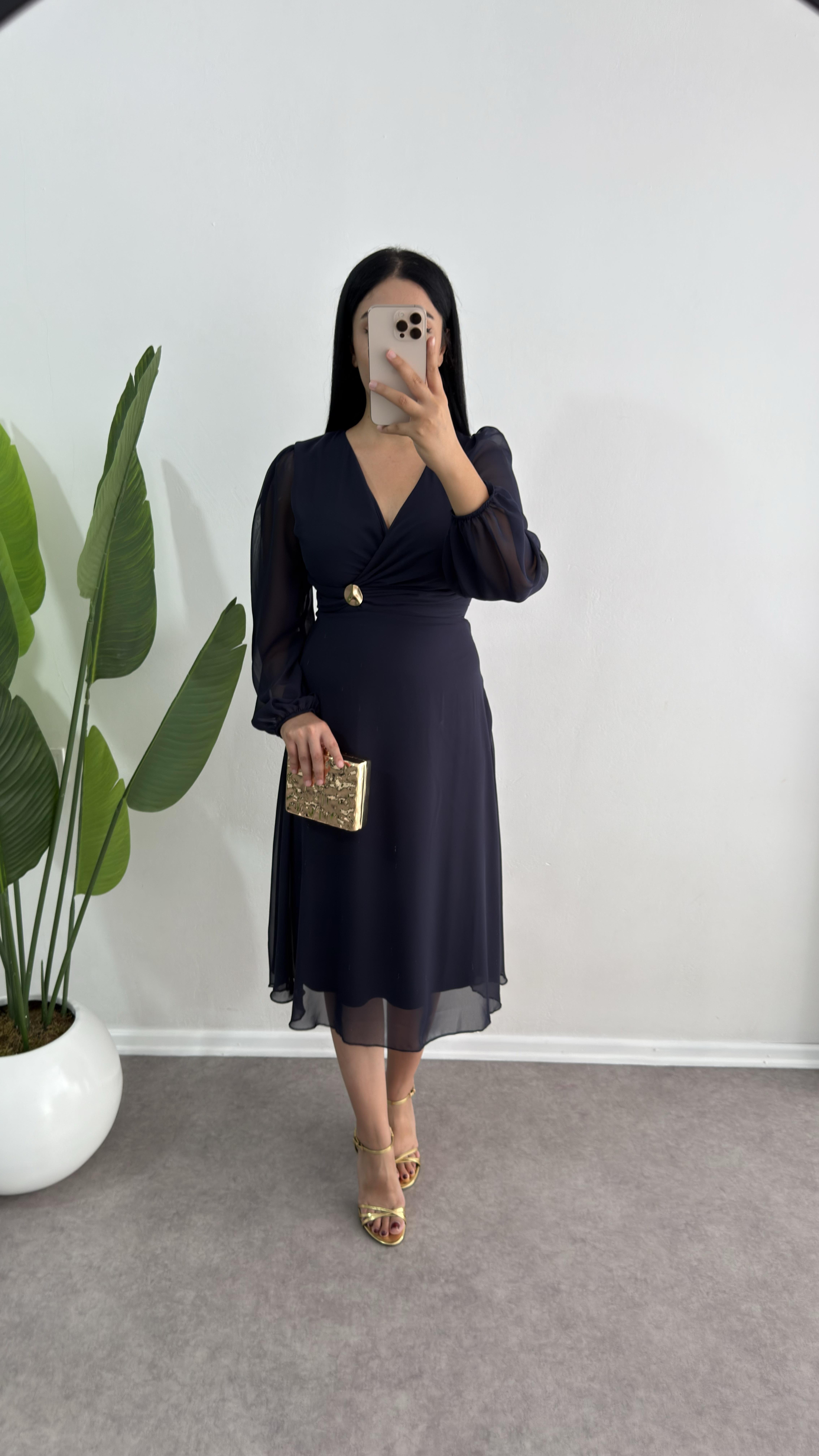 Nare Lacivert Şifon Elbise