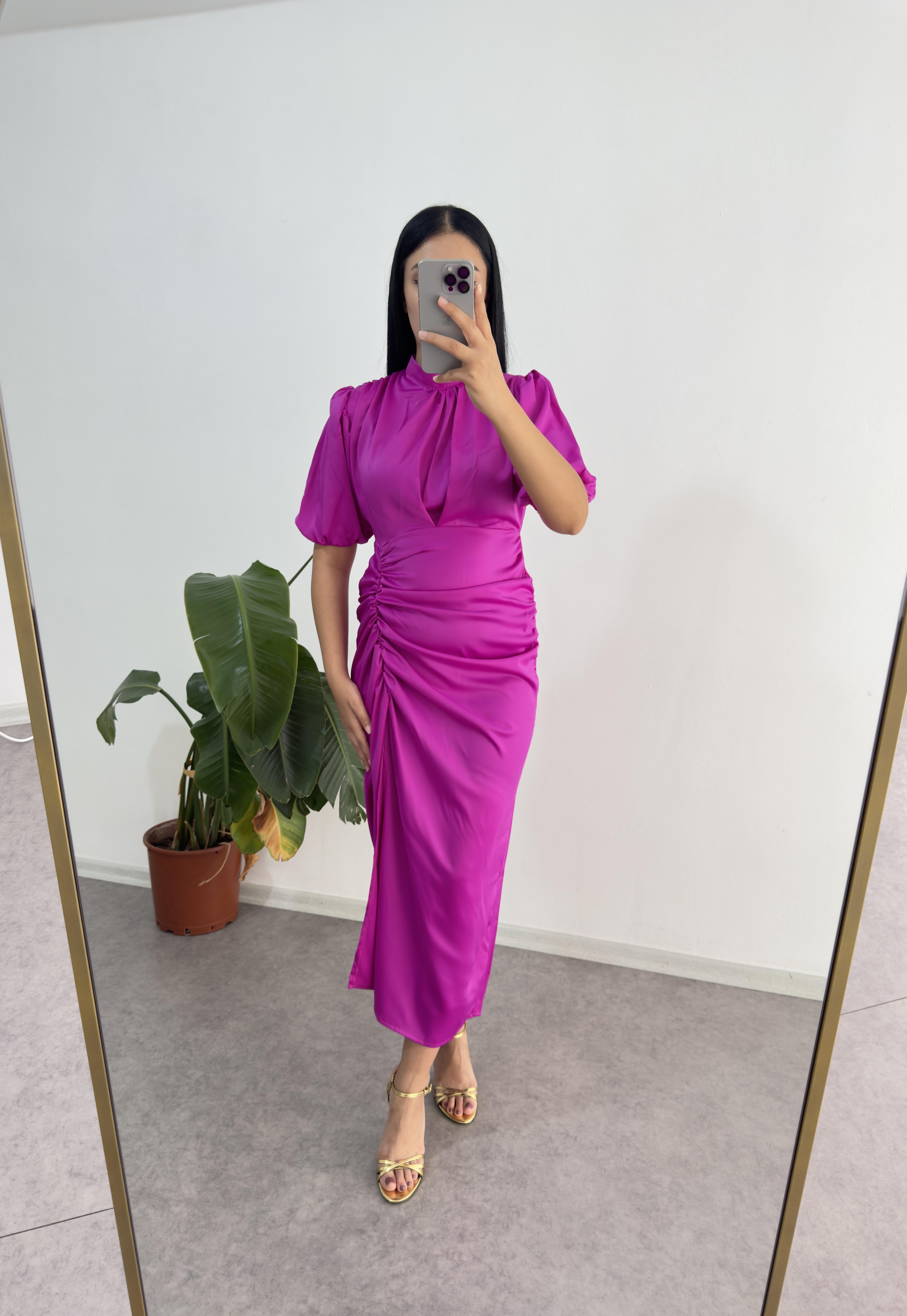 Saten Fuşya Elis Elbise