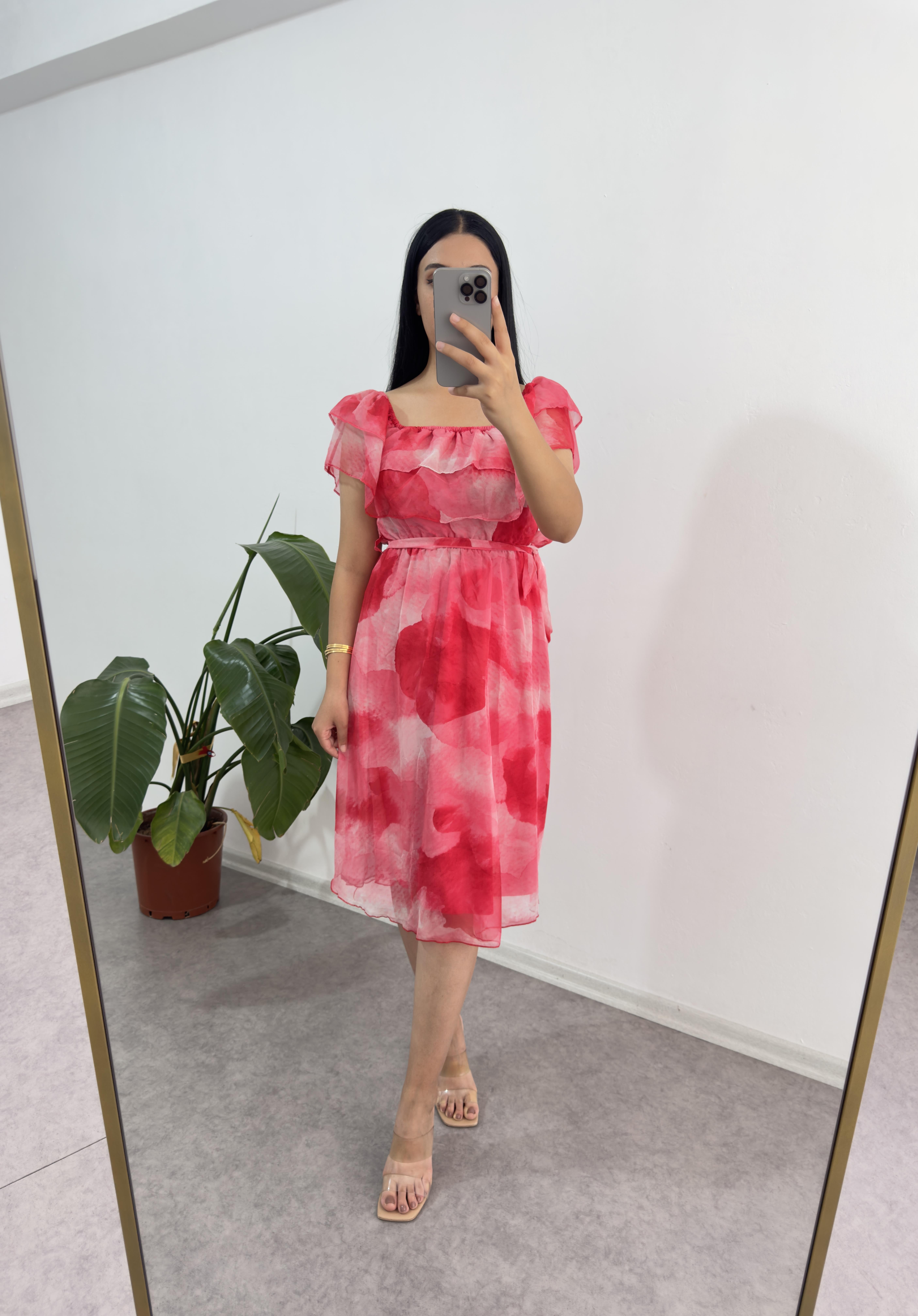 Şifon Madonna Yaka Pembe Elbise