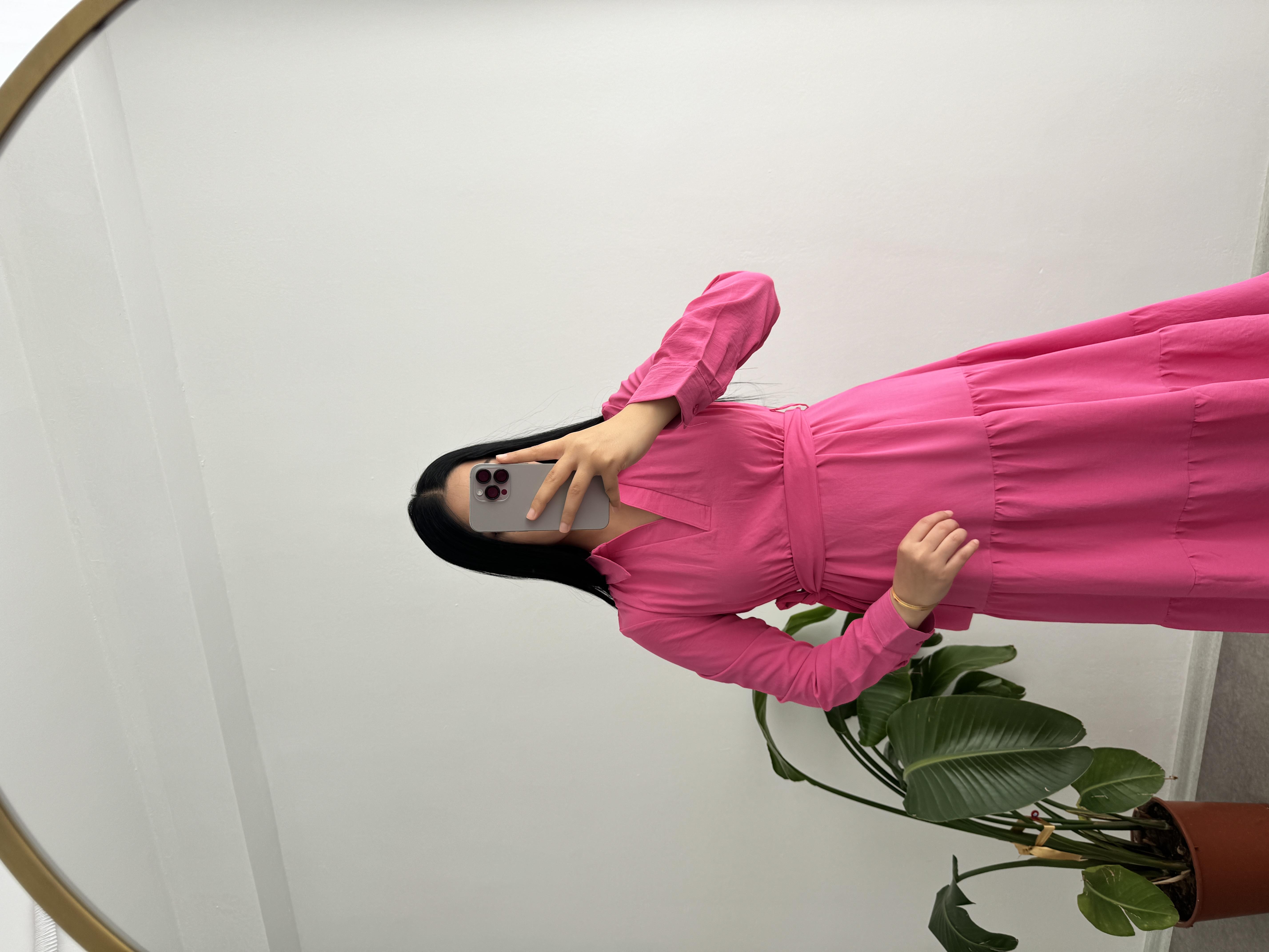 Uzun Kollu Pembe Elbise