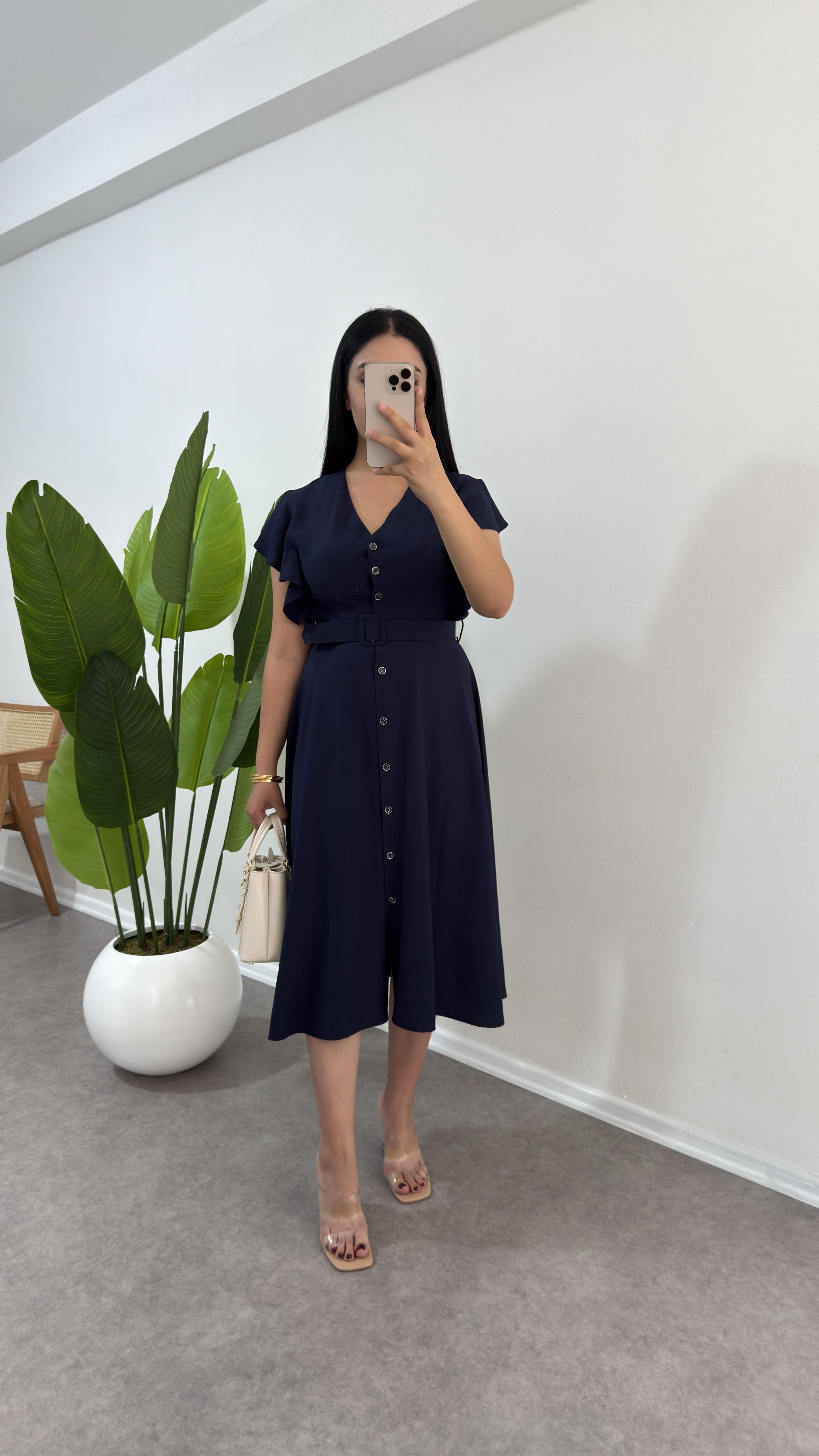 Volanlı Lacivert Solin Elbise