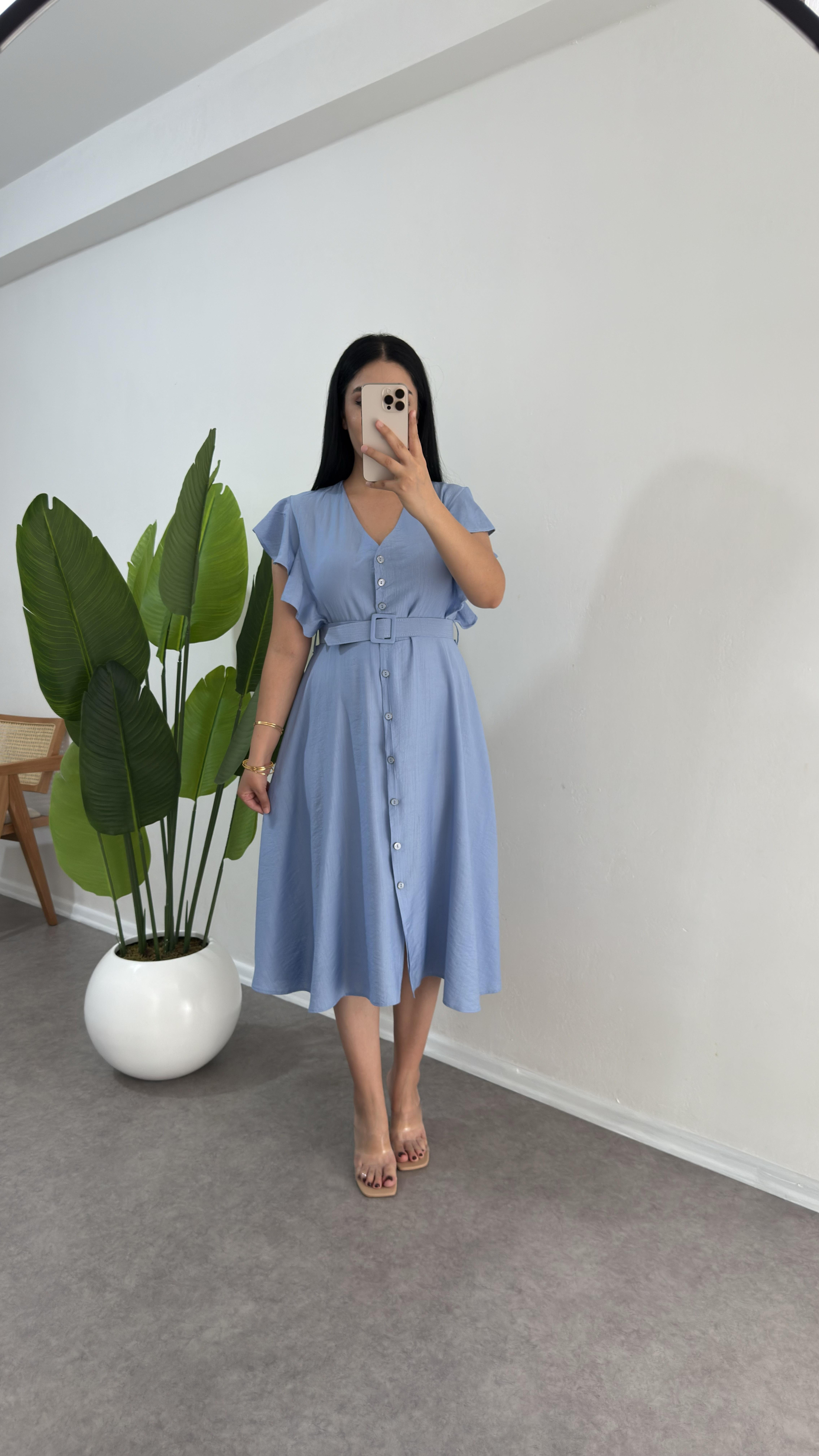 Volanlı Mavi Solin Elbise