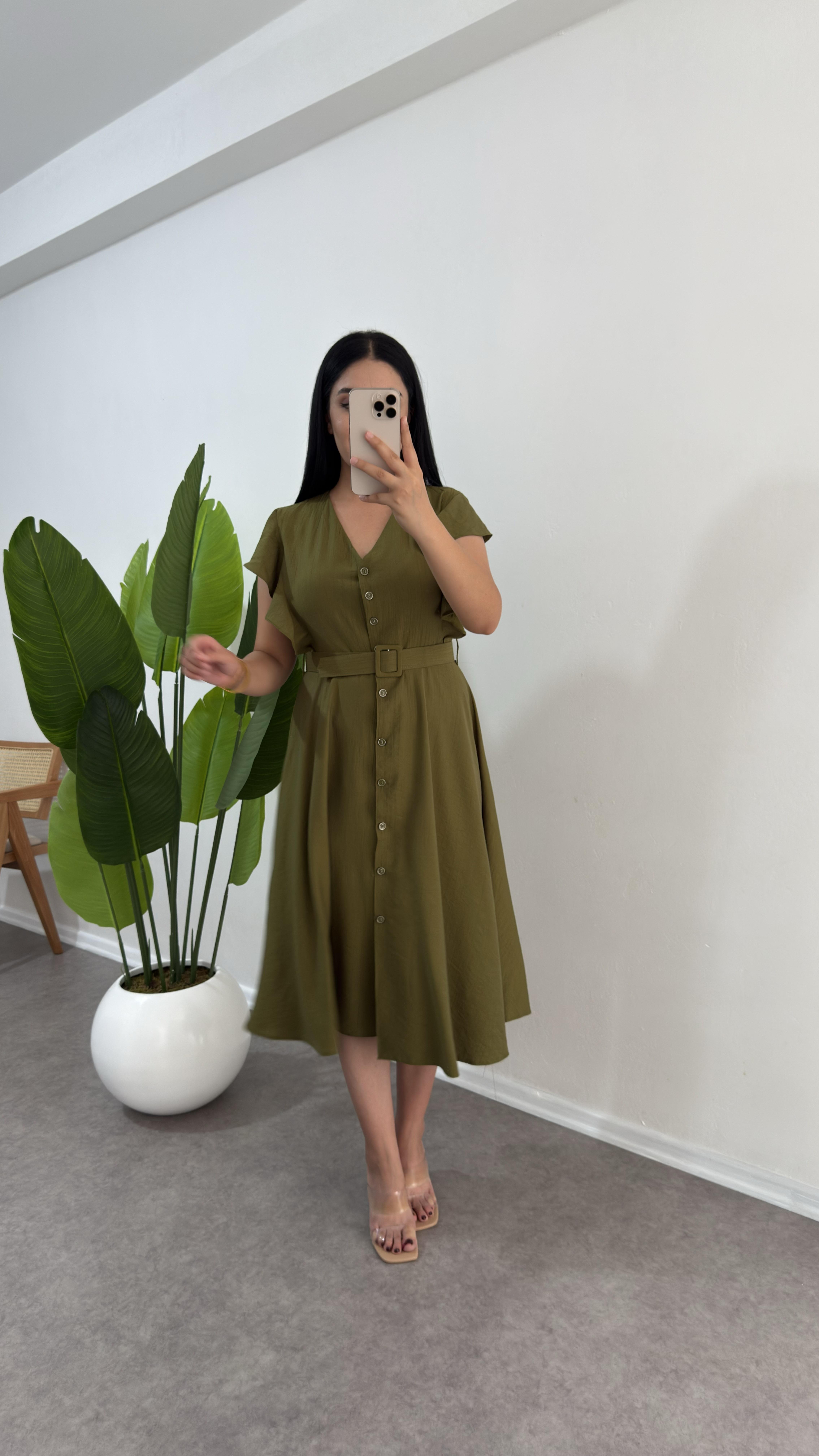 Volanlı Yeşil Solin Elbise