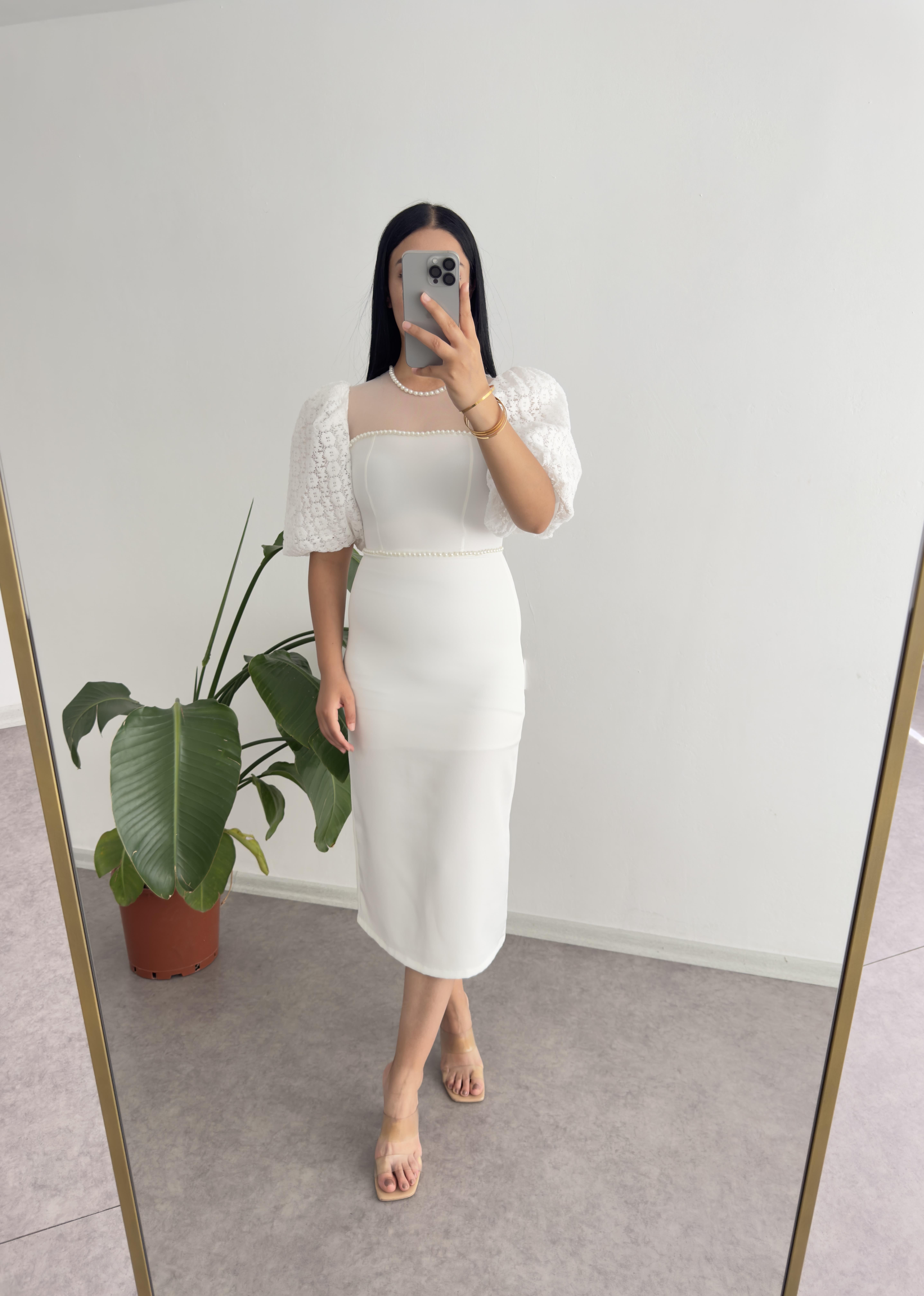 Balon Kol İncili Beyaz Elbise