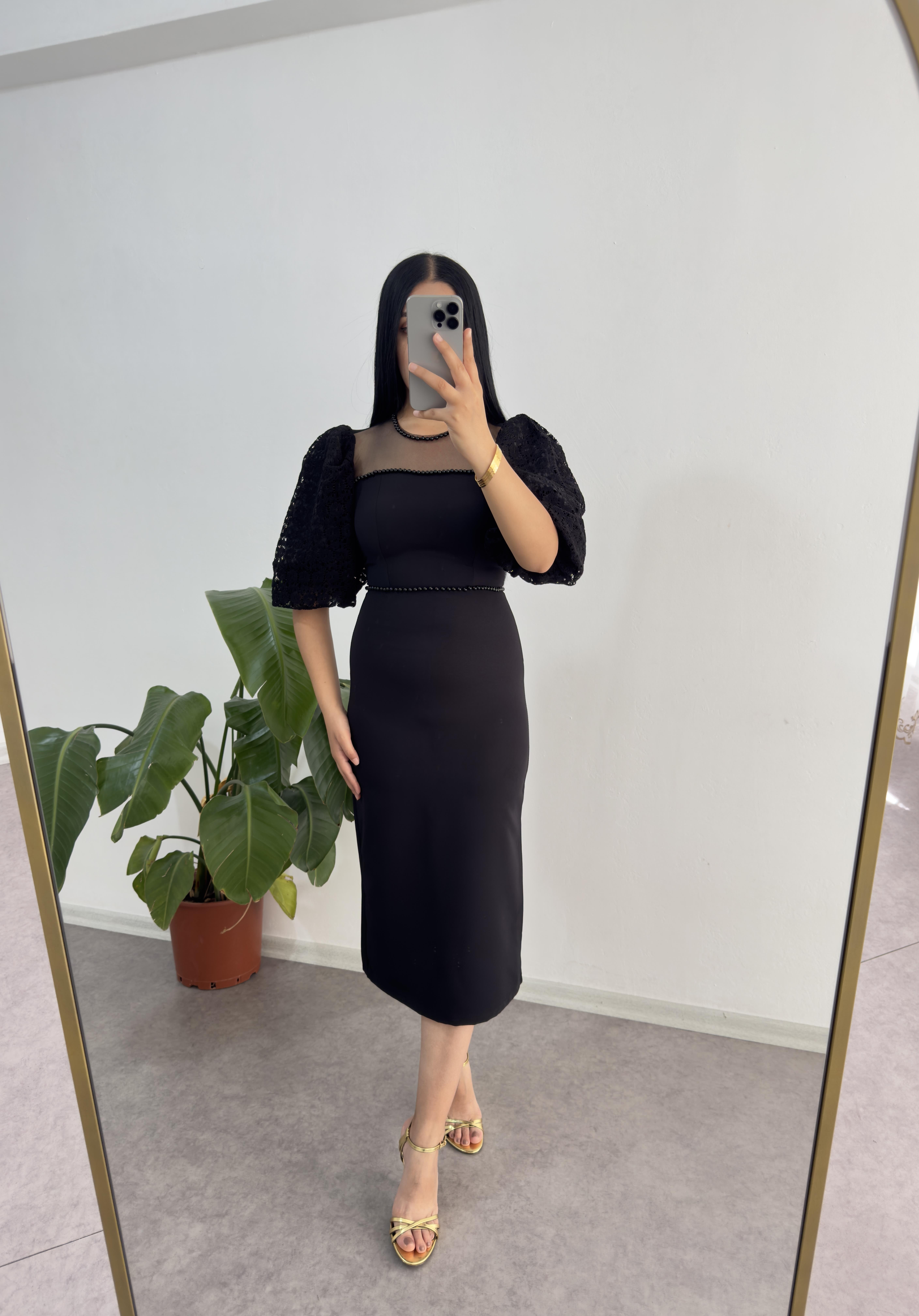 Balon Kol İncili Siyah Elbise 