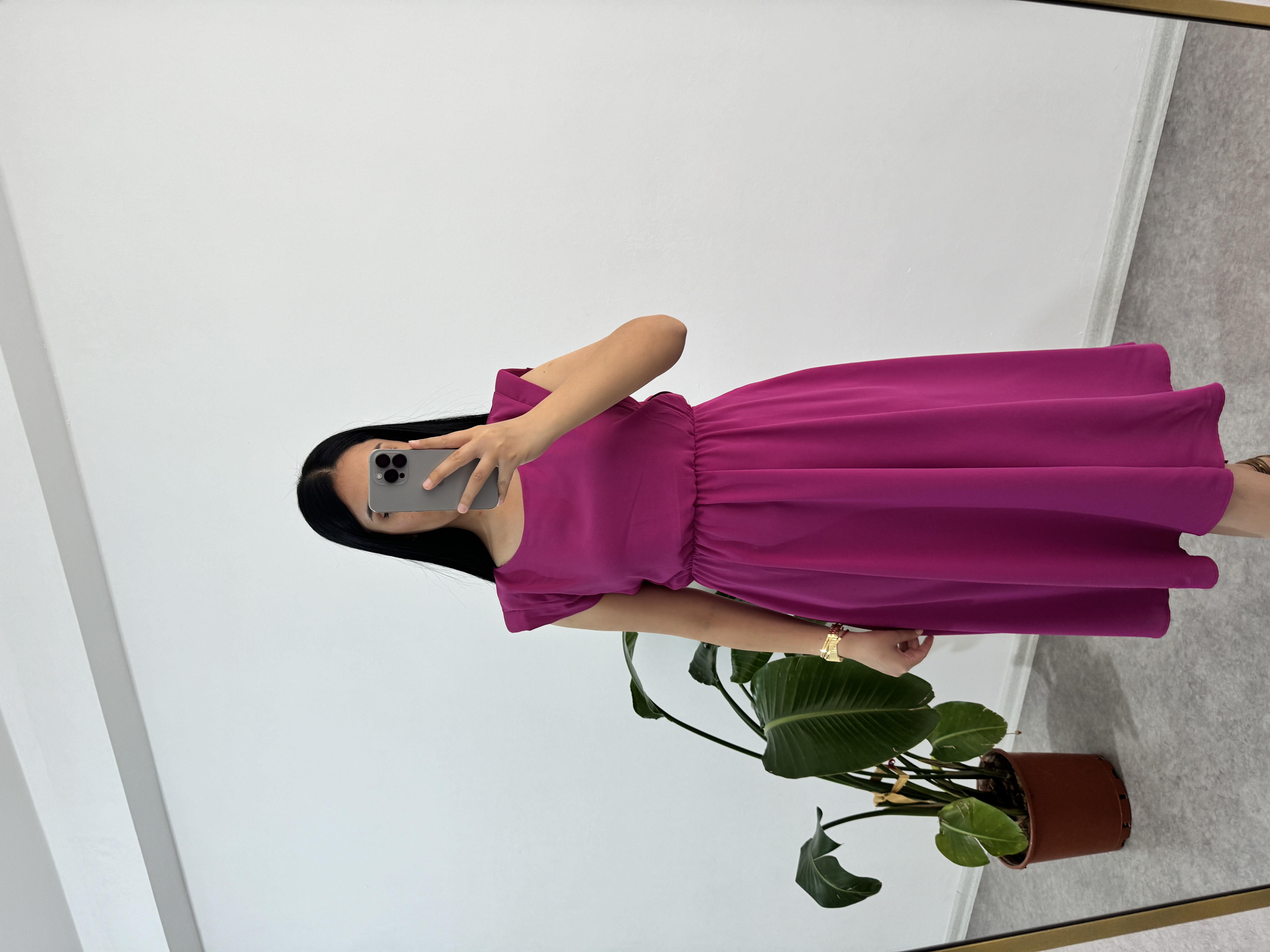 Beli Lastikli Fuşya Elbise