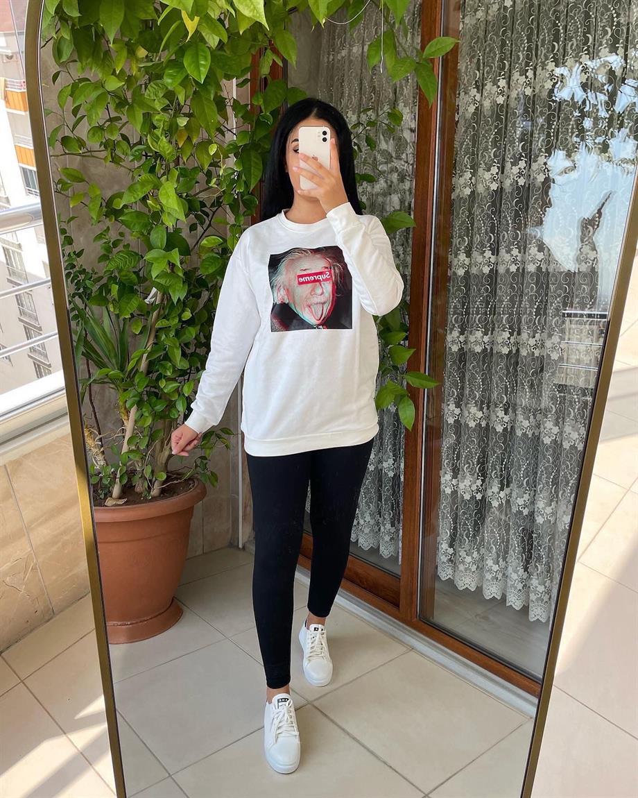 BEYAZ BASKILI SWEATSHİRT