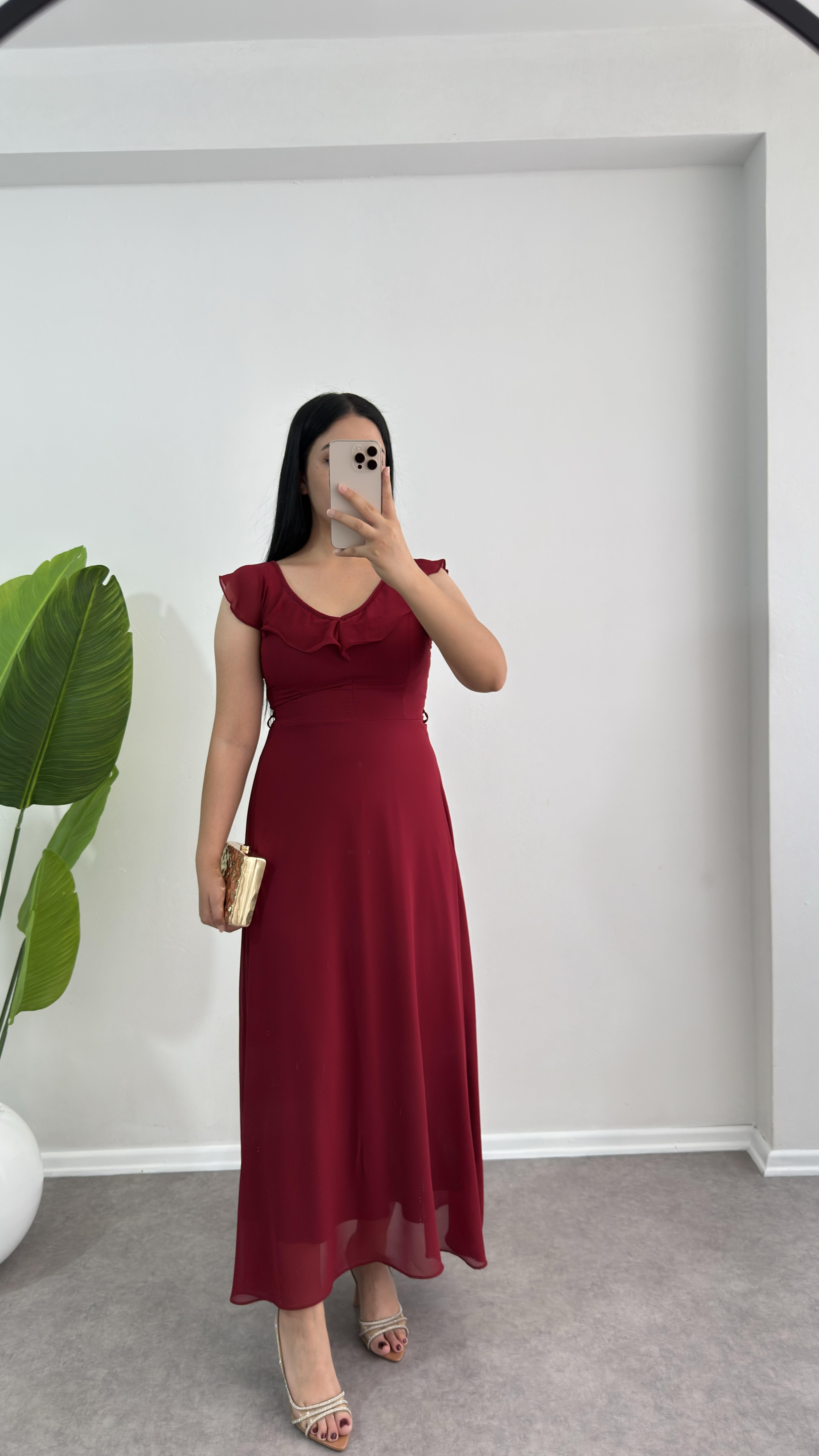 Bordo Şifon Piyen Elbise