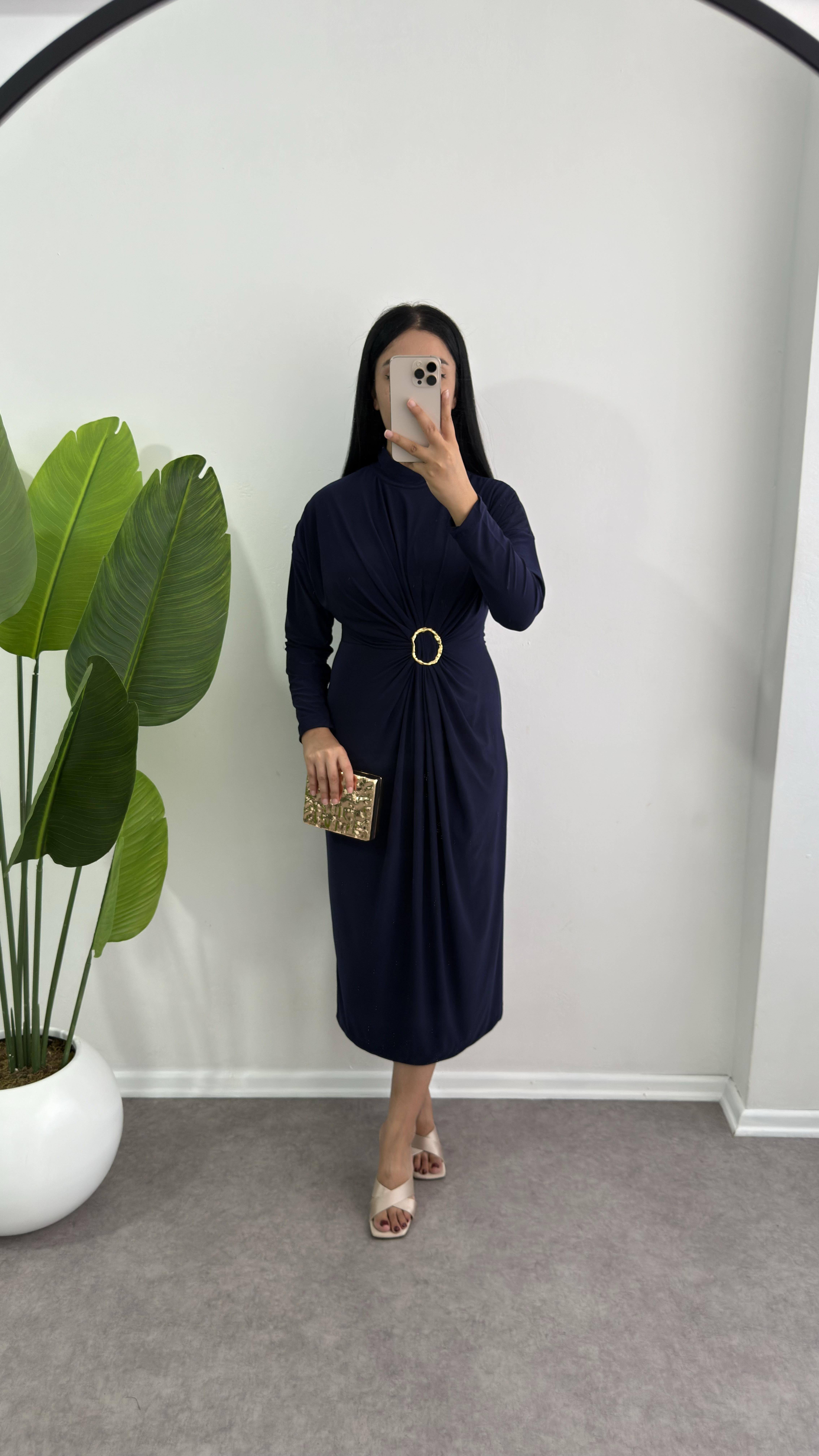 Bordo Tokalı Drabe Midi Elbise