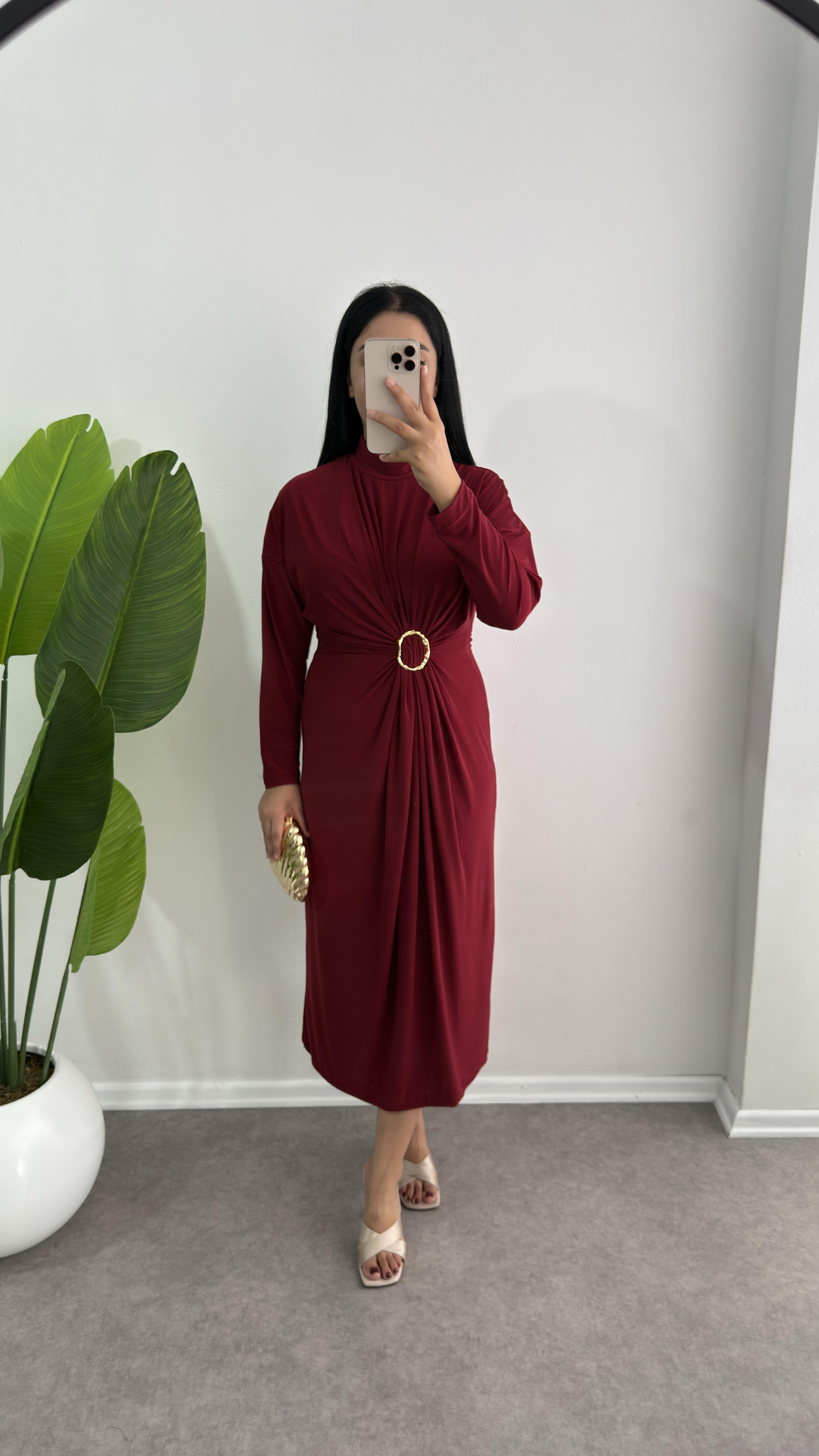 Bordo Tokalı Drabe Midi Elbise