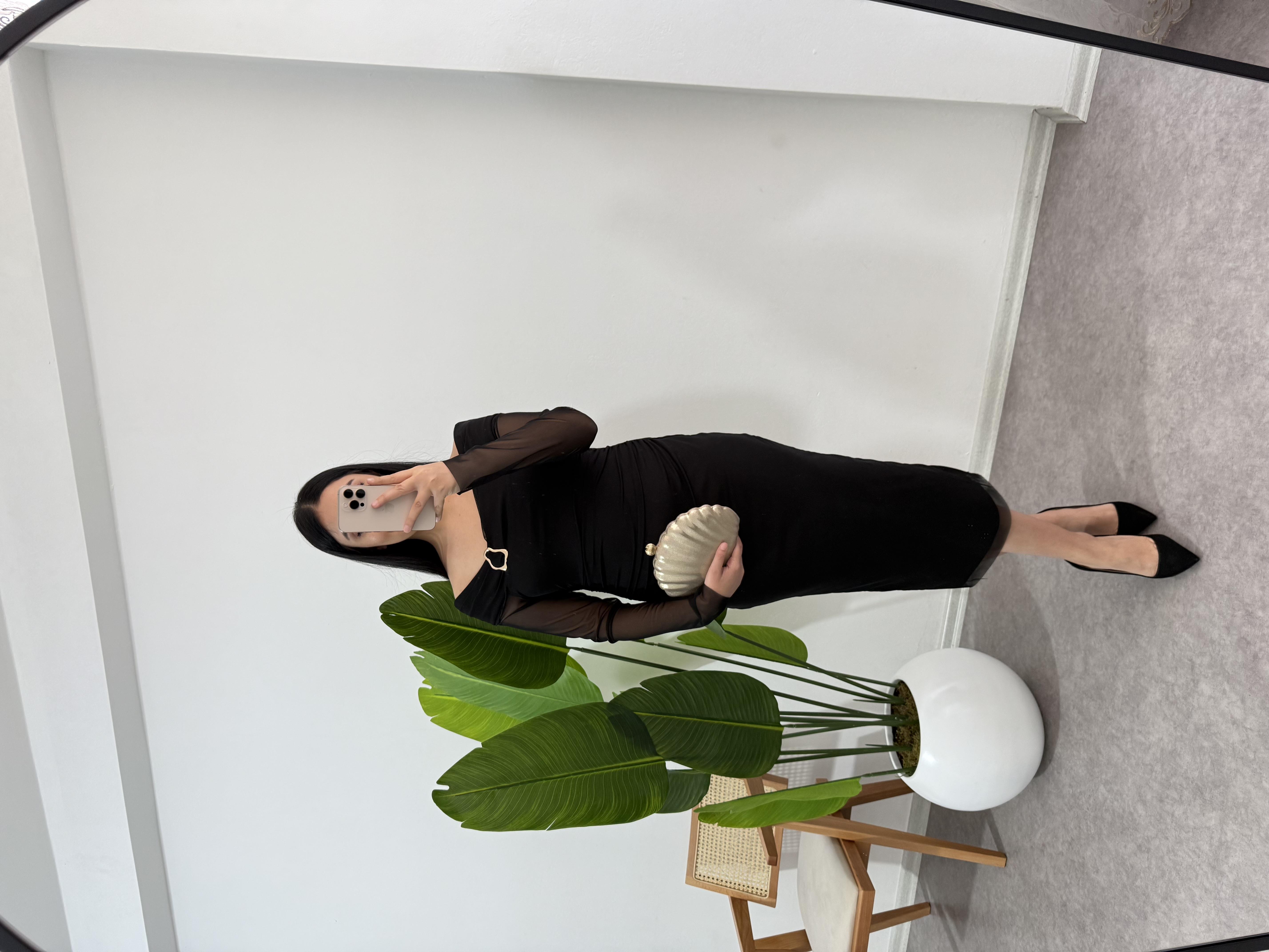 Broşlu Tül Kumaş Siyah Elbise 