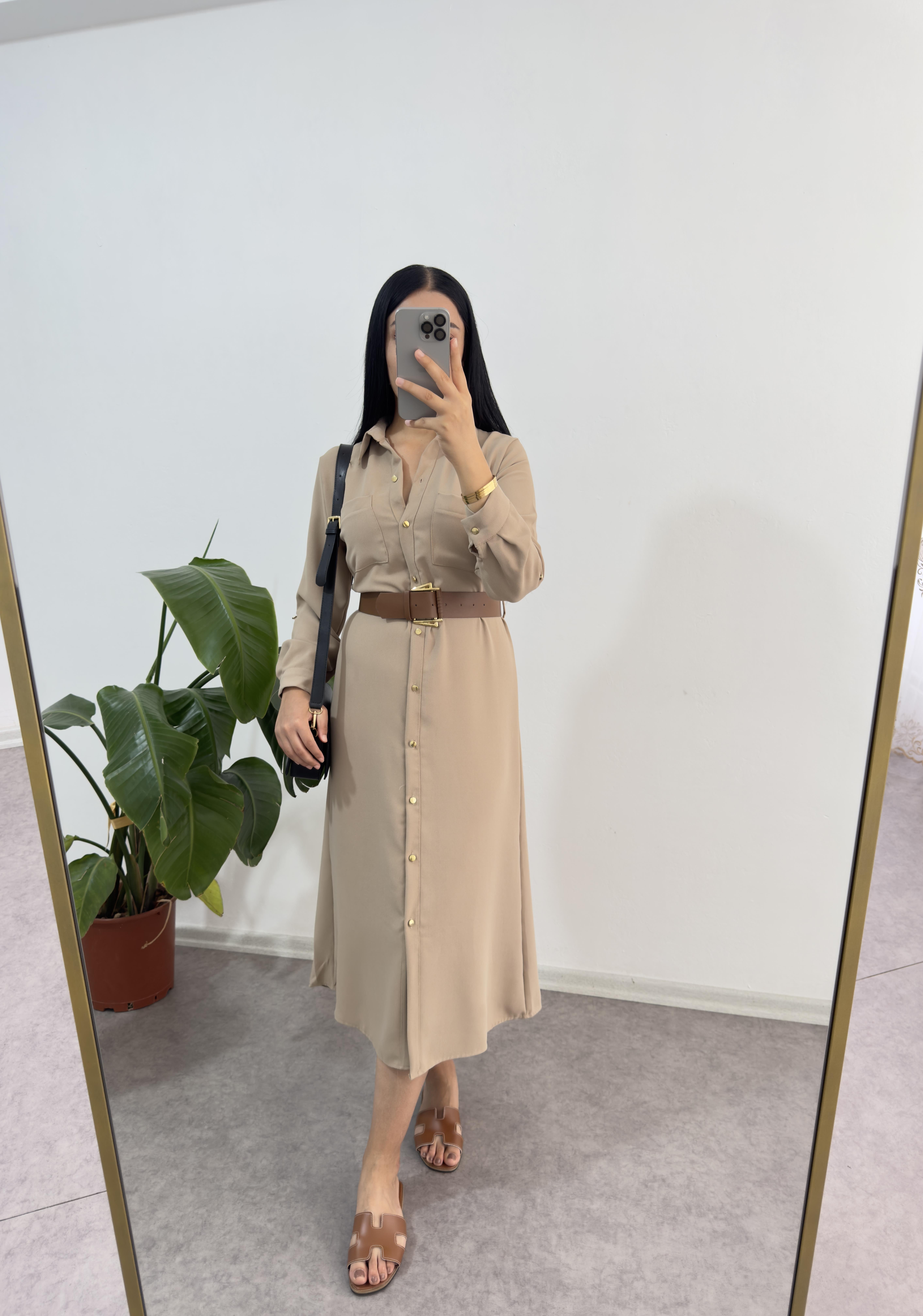 Camel Krep Kumaş Düğmeli Elbise