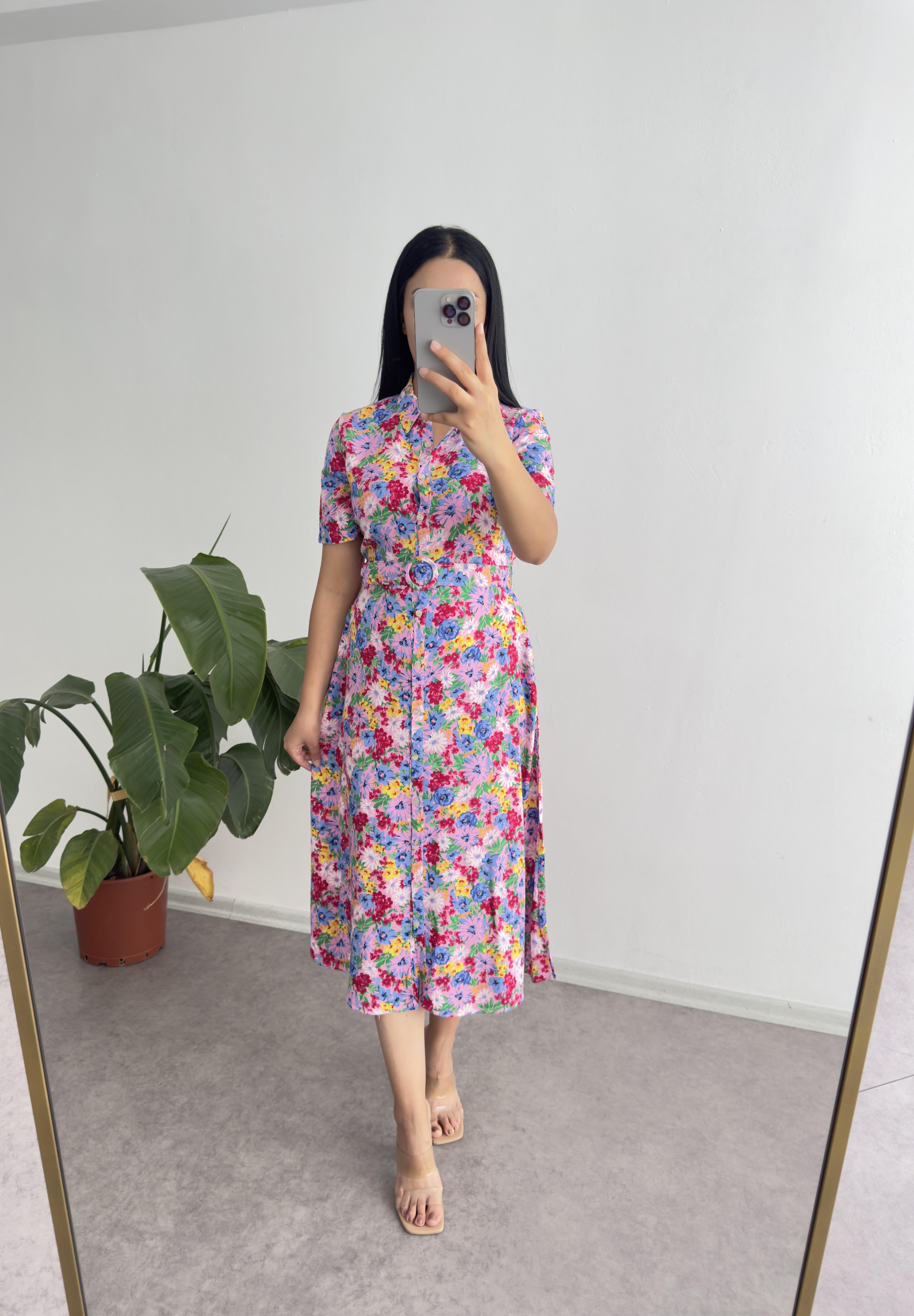 Çiçekli Viskon Pembe Elbise