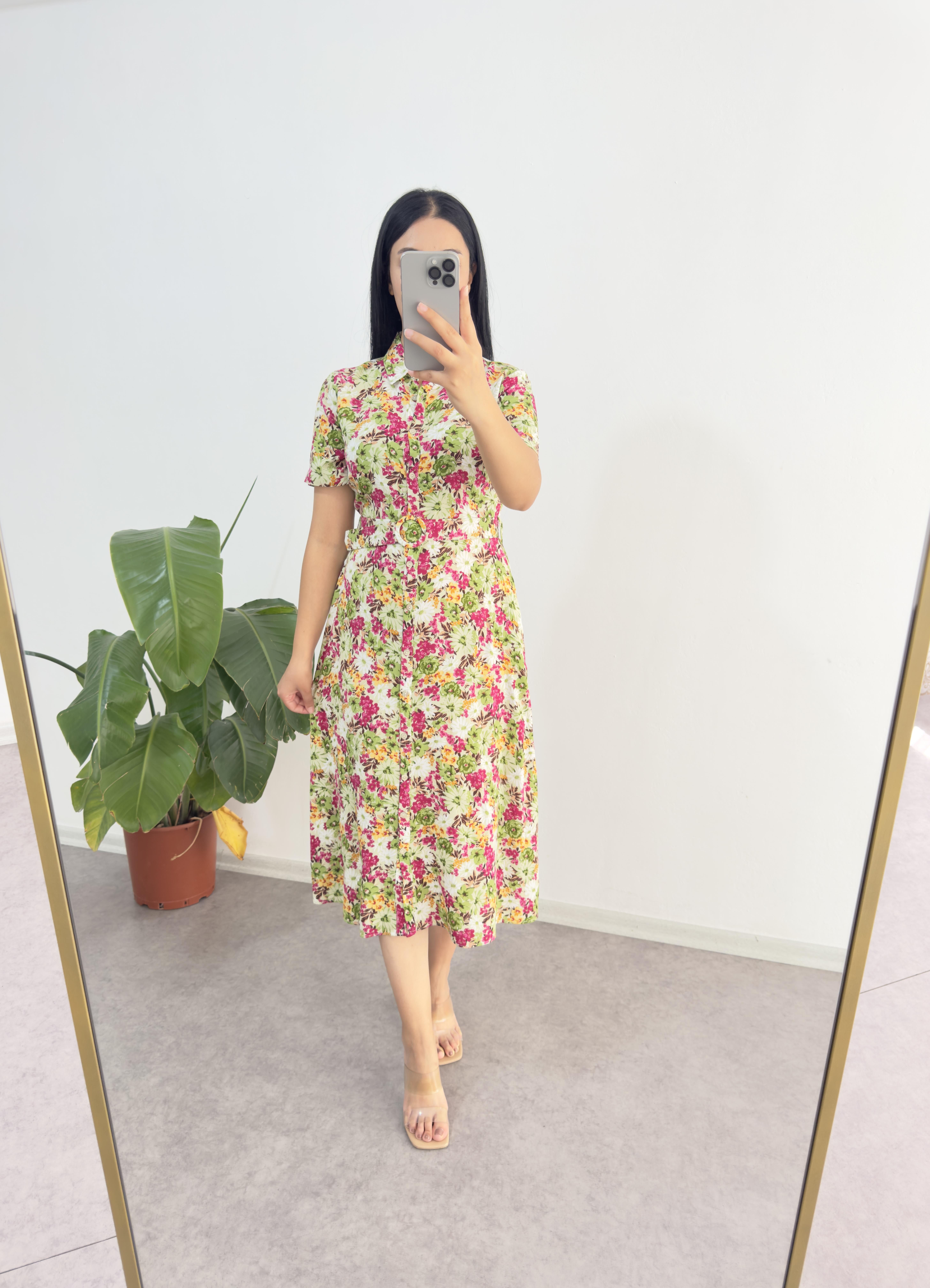 Çiçekli Viskon Yeşil Elbise