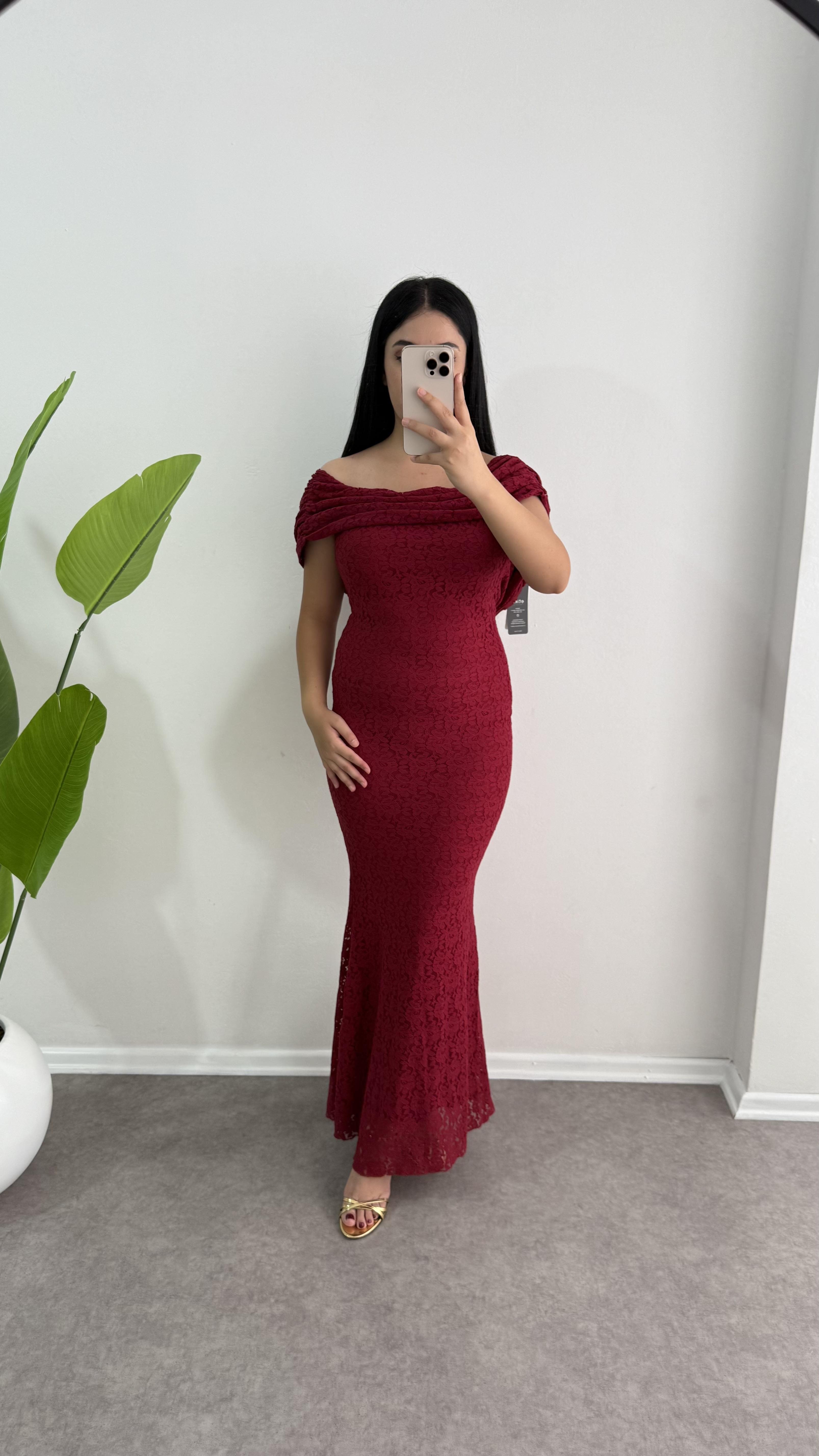 Dantel Güpür Bordo İdil Elbise 