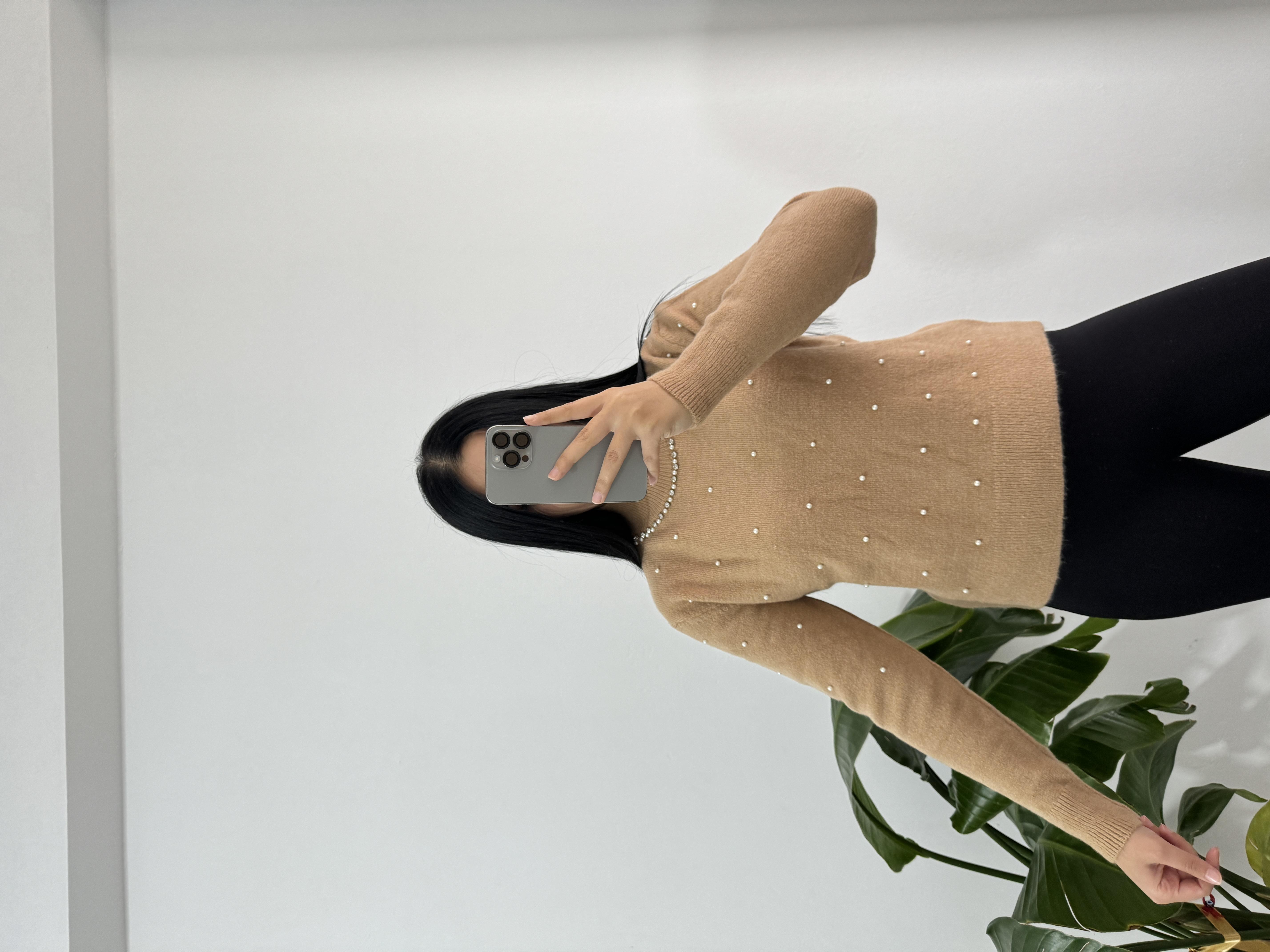 Dik yaka taşlı bej triko