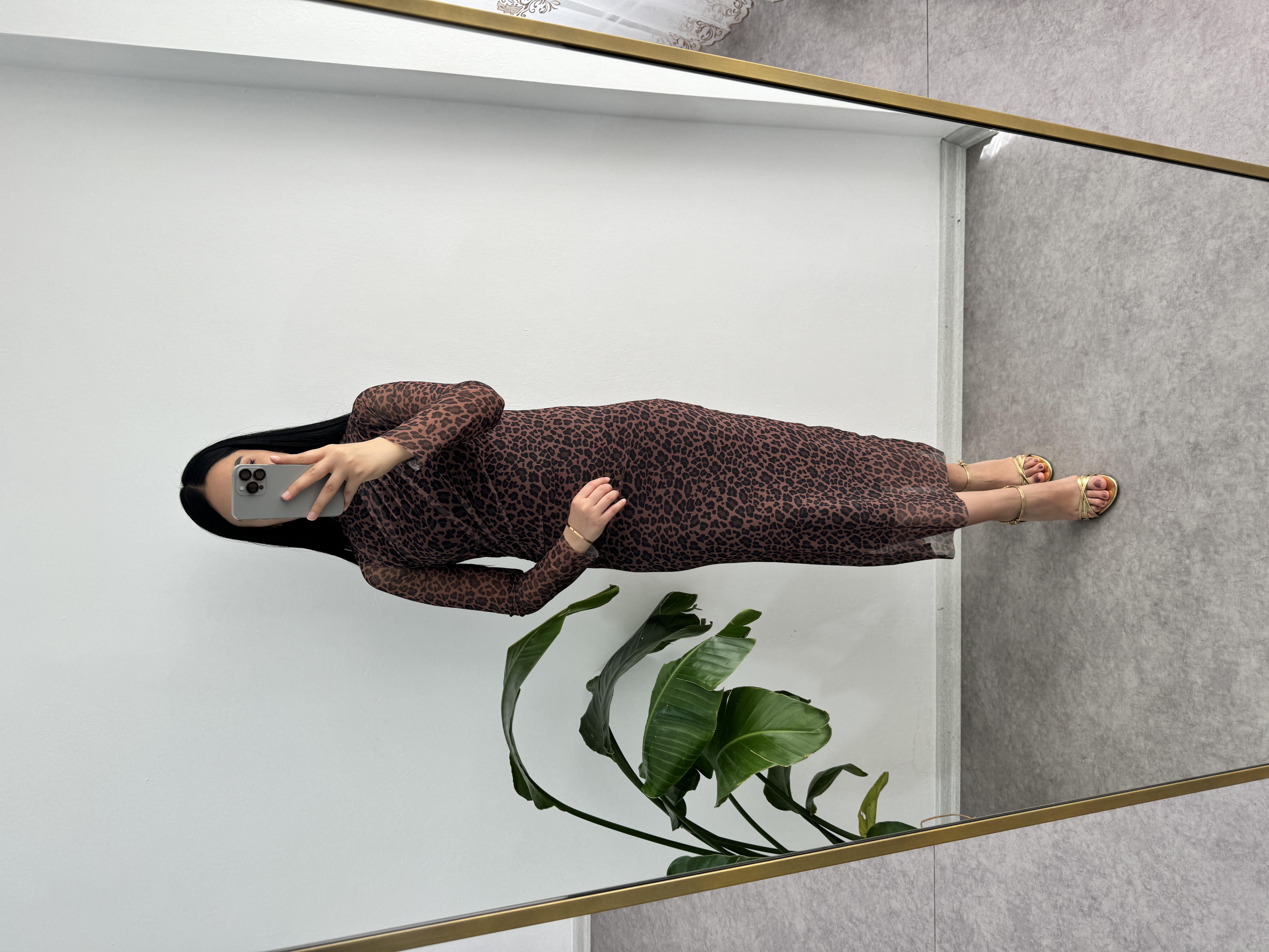 Dik Yaka Tül Elbise kahverengi 