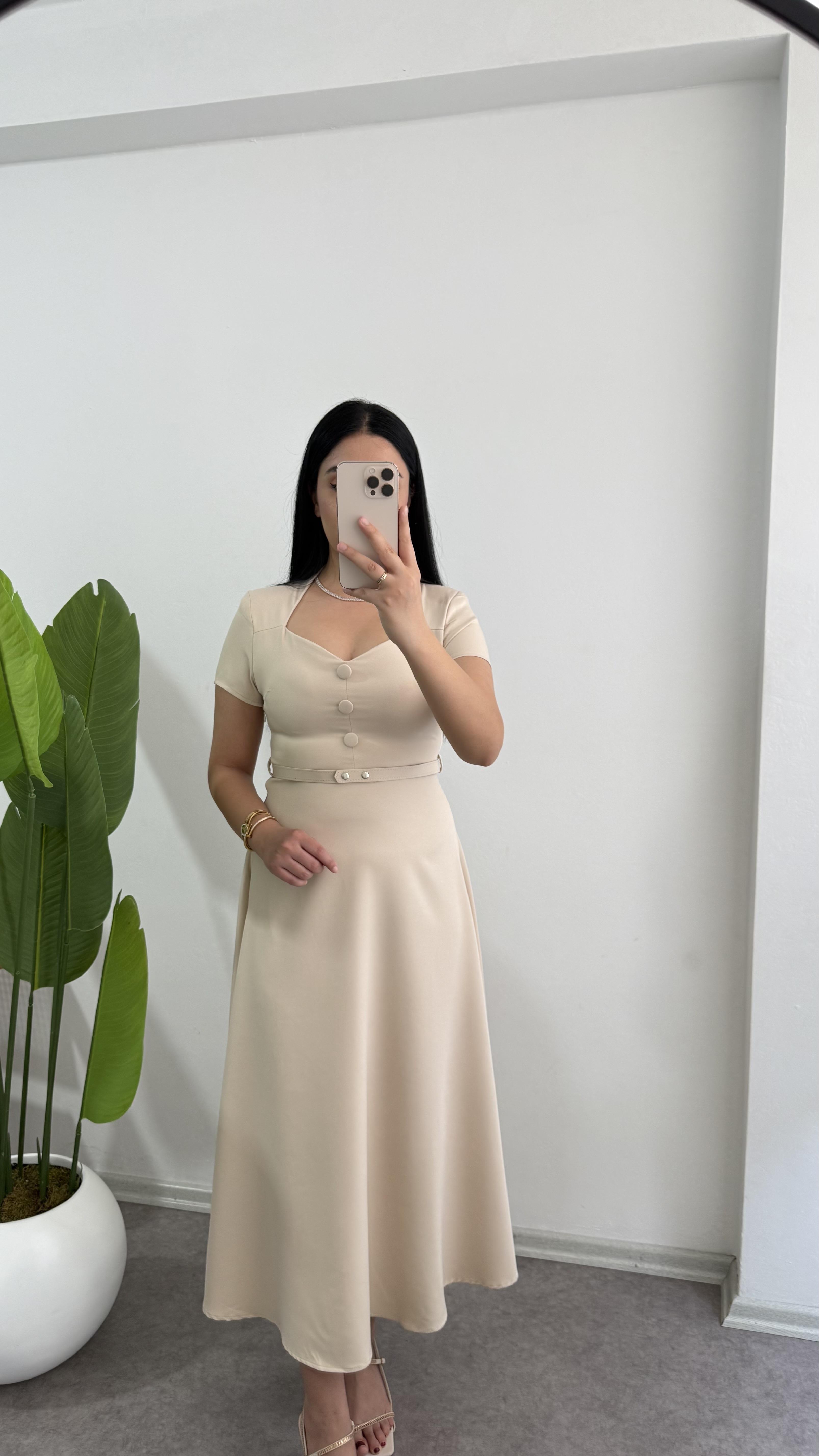 Disa Krem Krep Kumaş Elbise