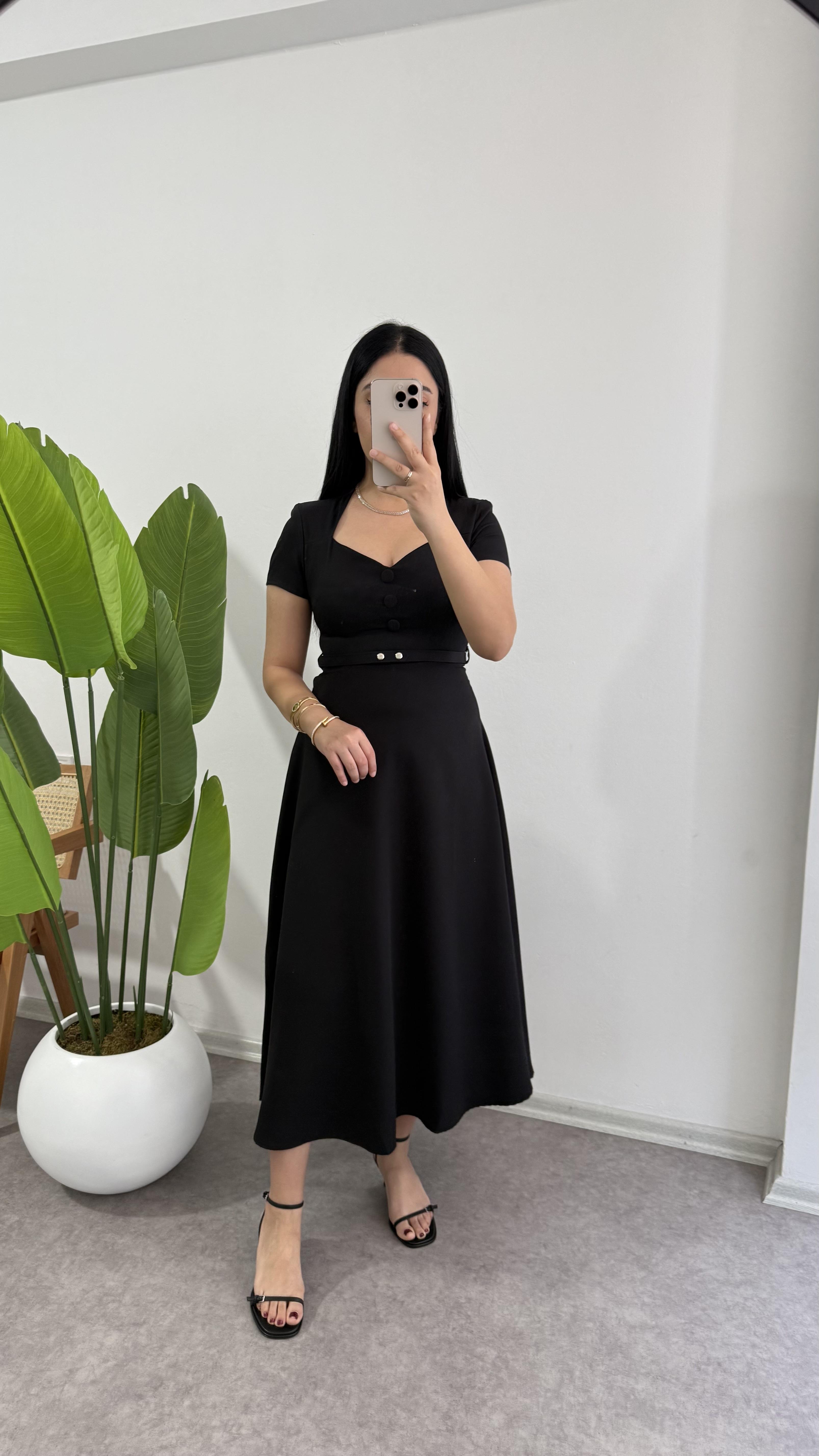 Disa Siyah Krep Kumaş Elbise 