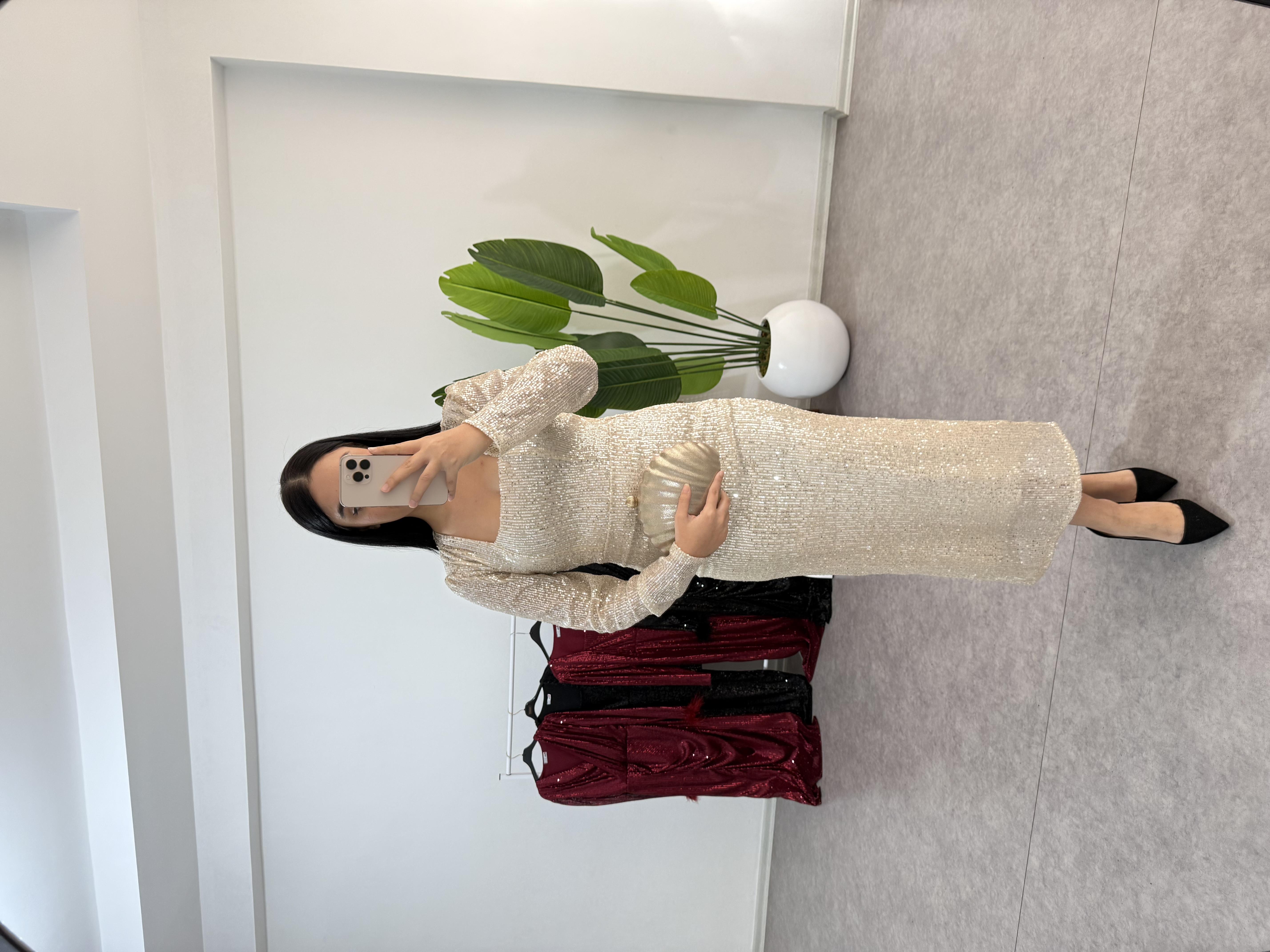 Dora Krem Rengi Payetli Elbise