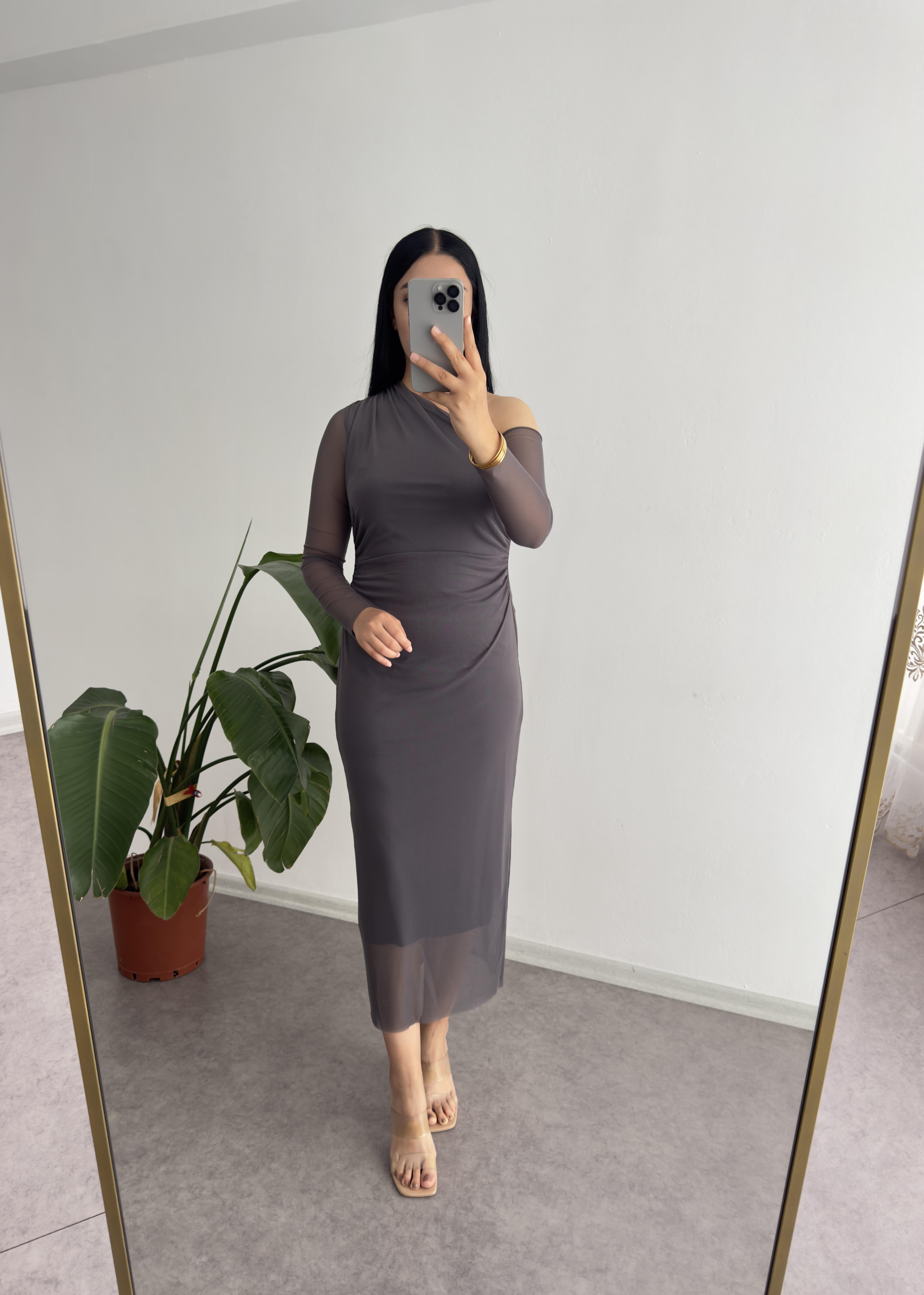 Düşük Kol Tül Gri Elbise 