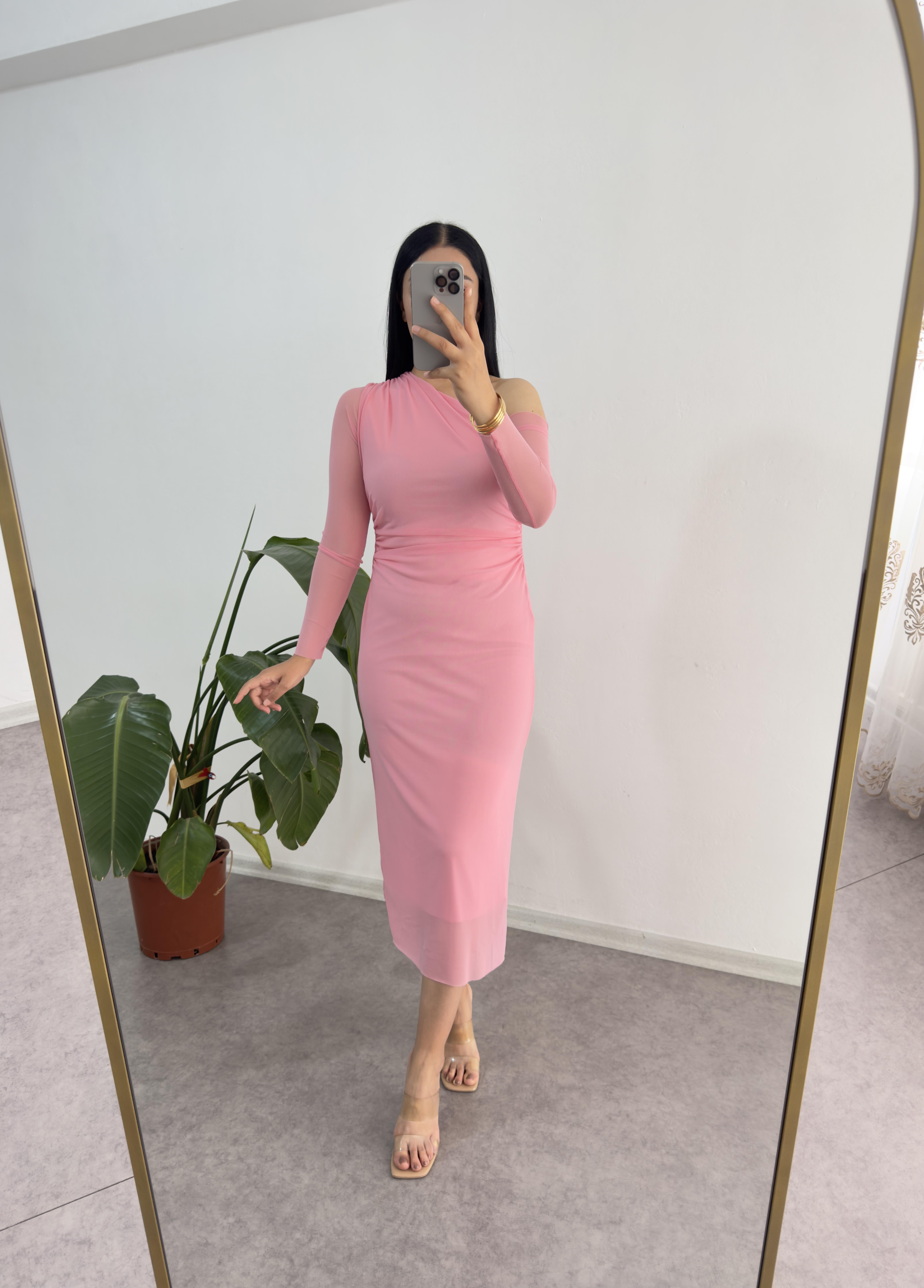 Düşük Kol Tül Pembe Elbise 