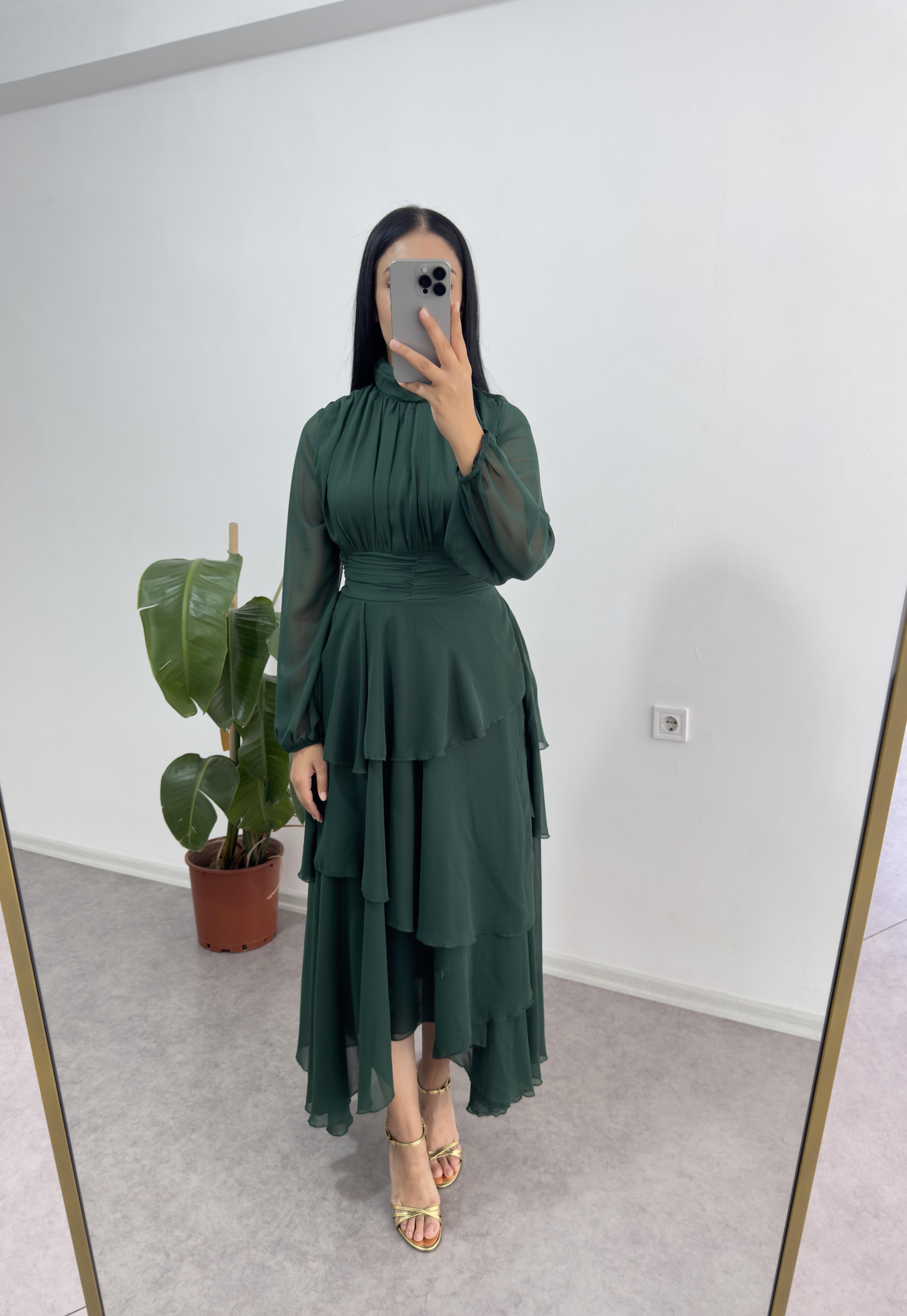 Elis Zümrüt Yeşil Katmanlı Elbise