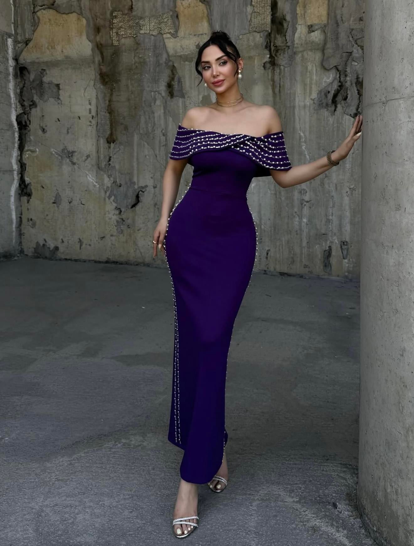 Emrella Taşlı Scuba Mor Elbise