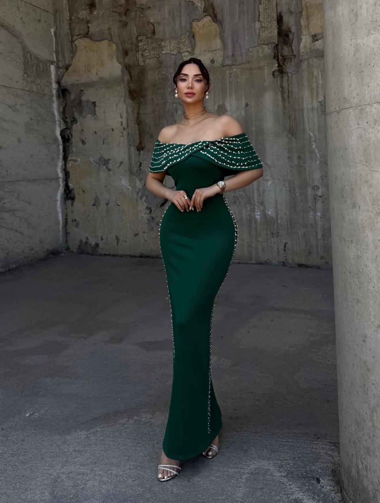 Emrella Taşlı Scuba Yeşil Elbise
