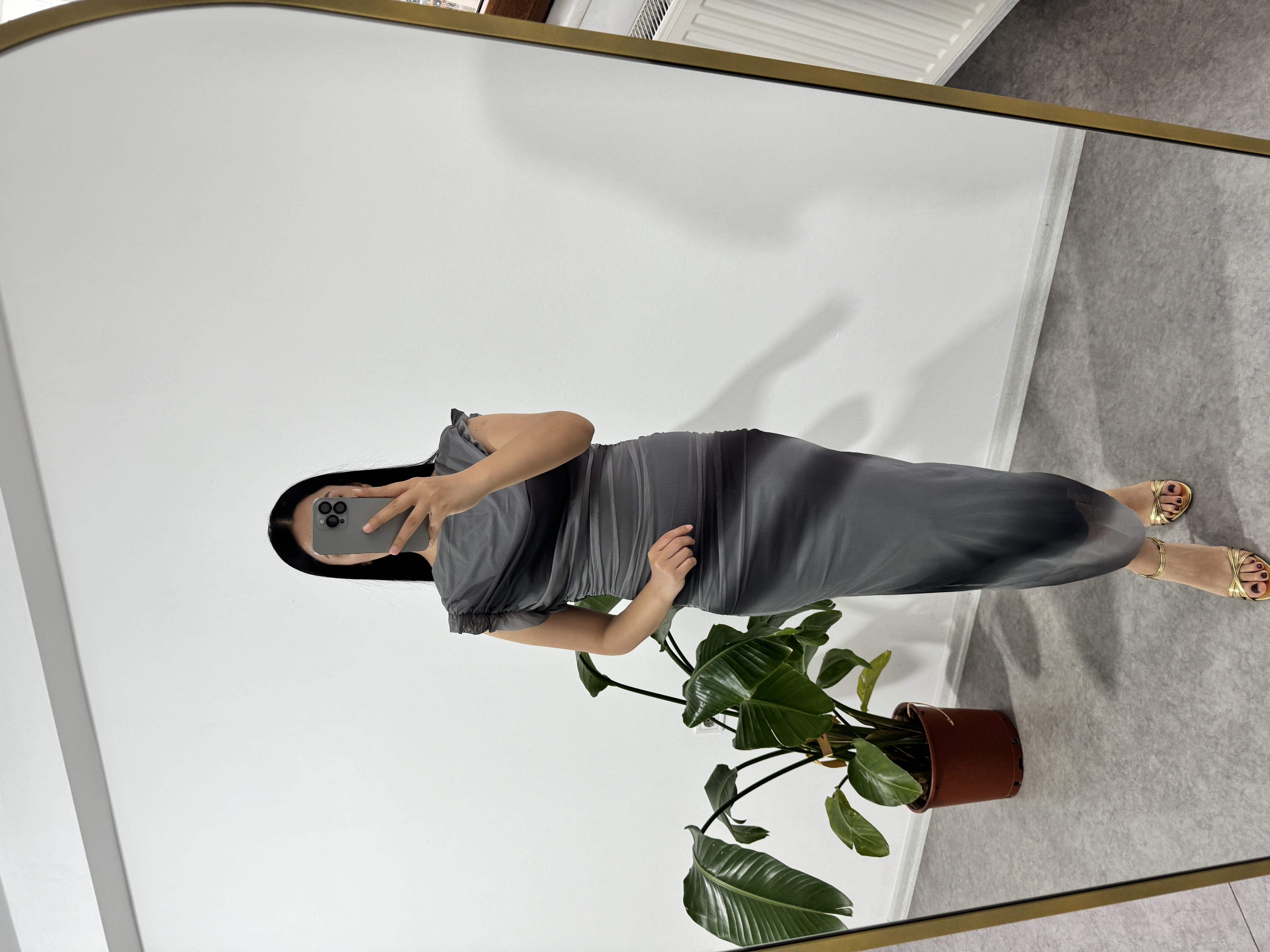 Fırfırlı Kol Gri Elbise