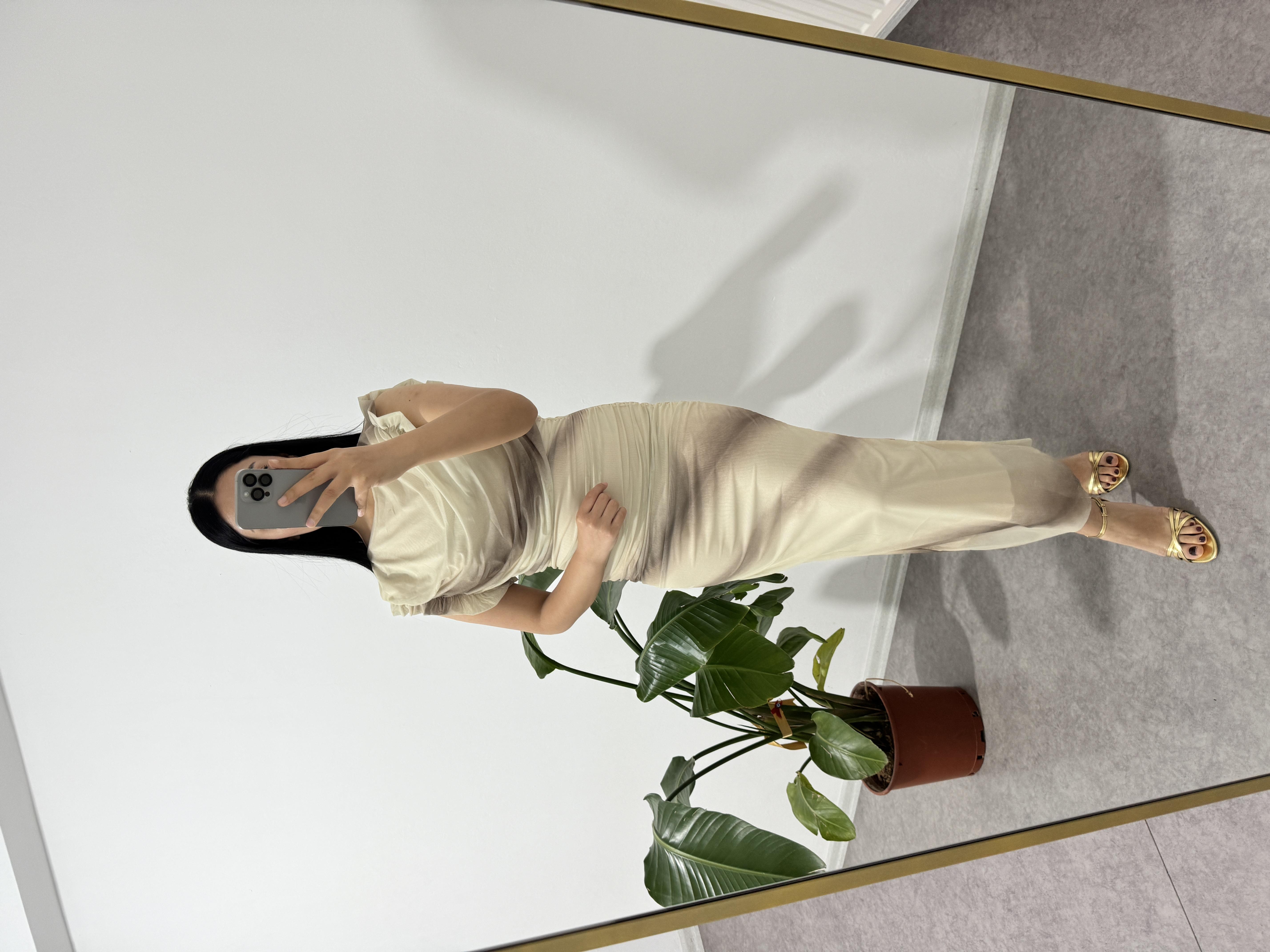 Fırfırlı Kol Krem Tül Elbise