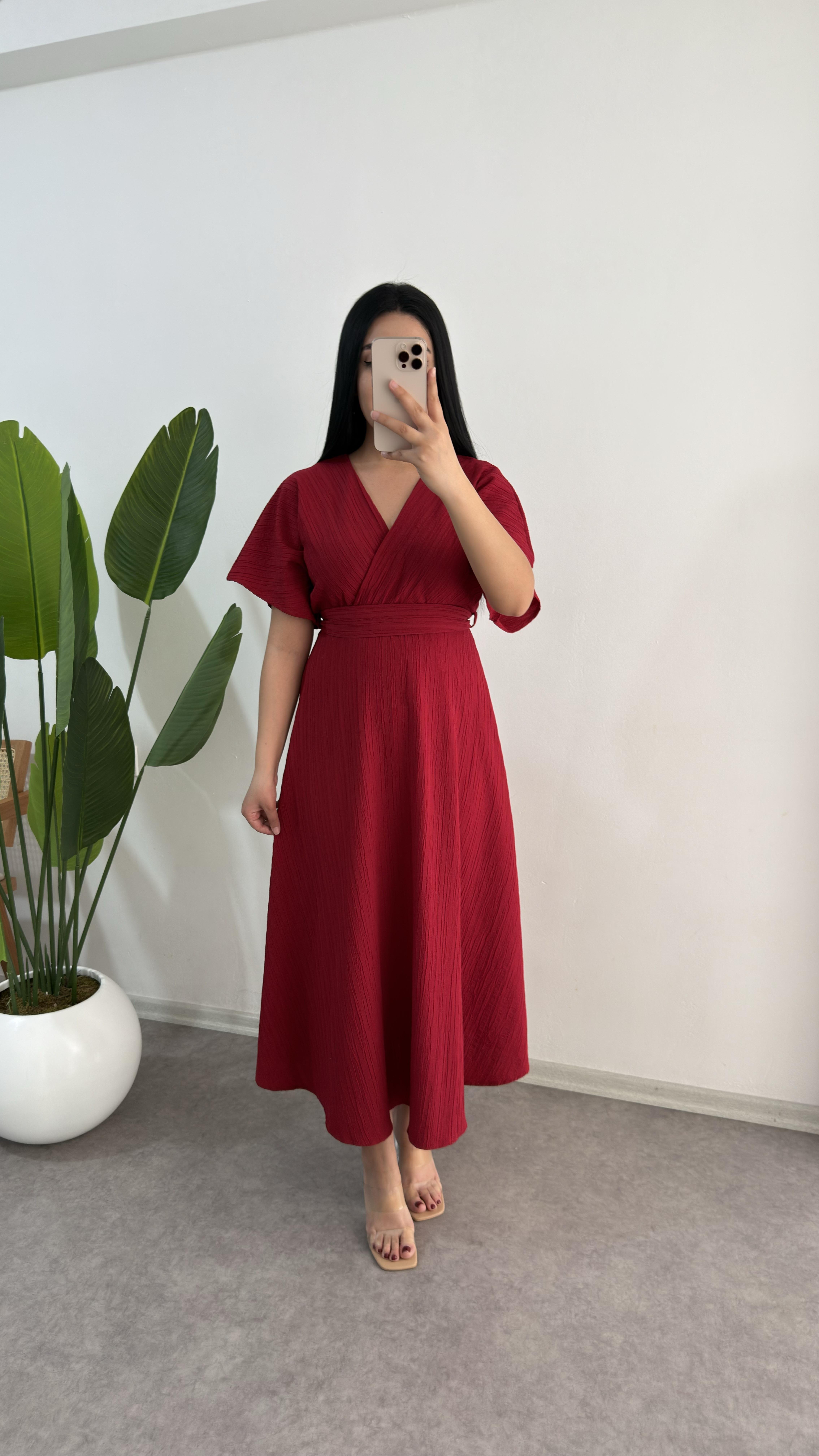 Gofre Kumaş Kırmızı Elbise