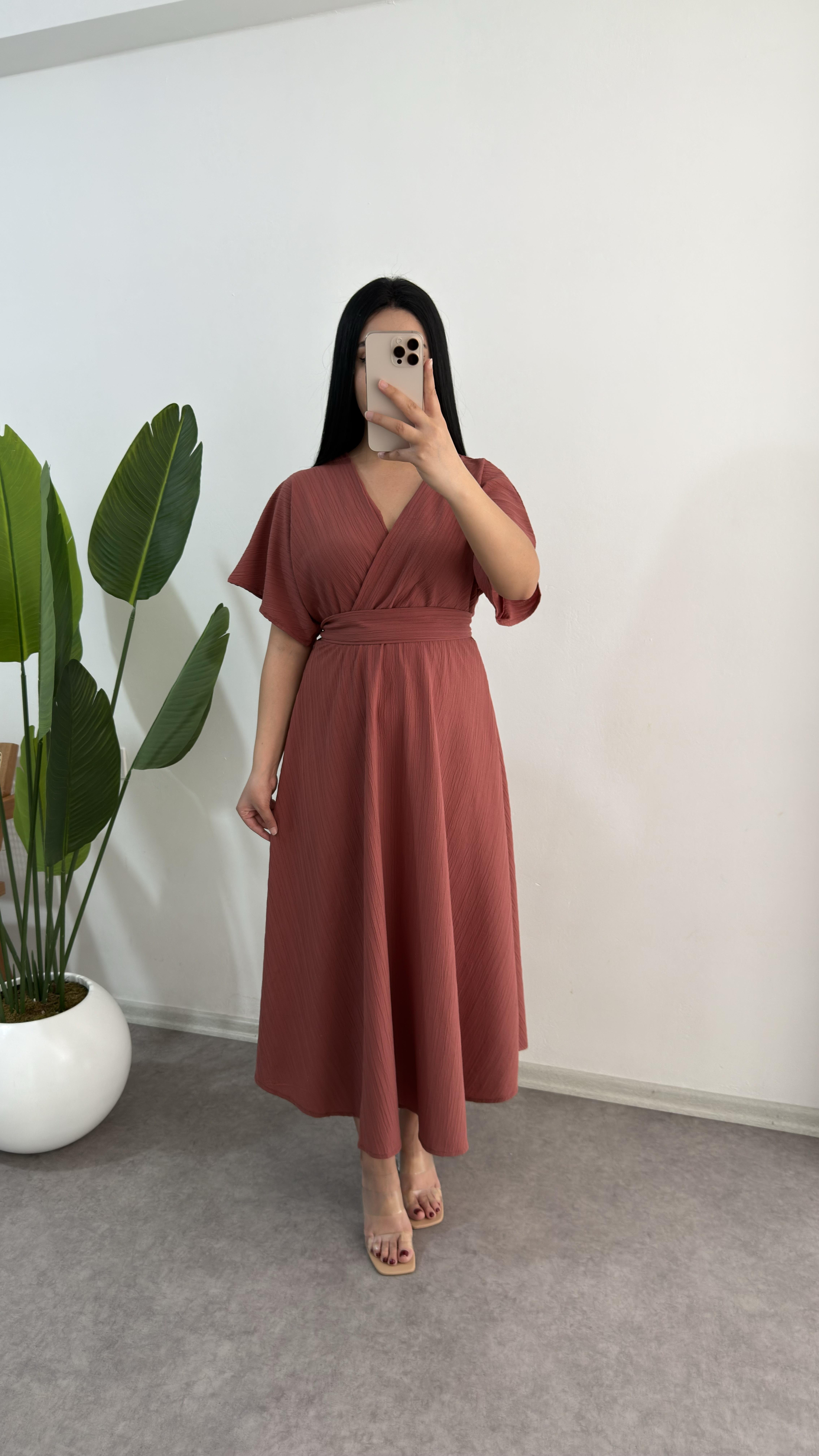 Gofre Kumaş Somon Elbise