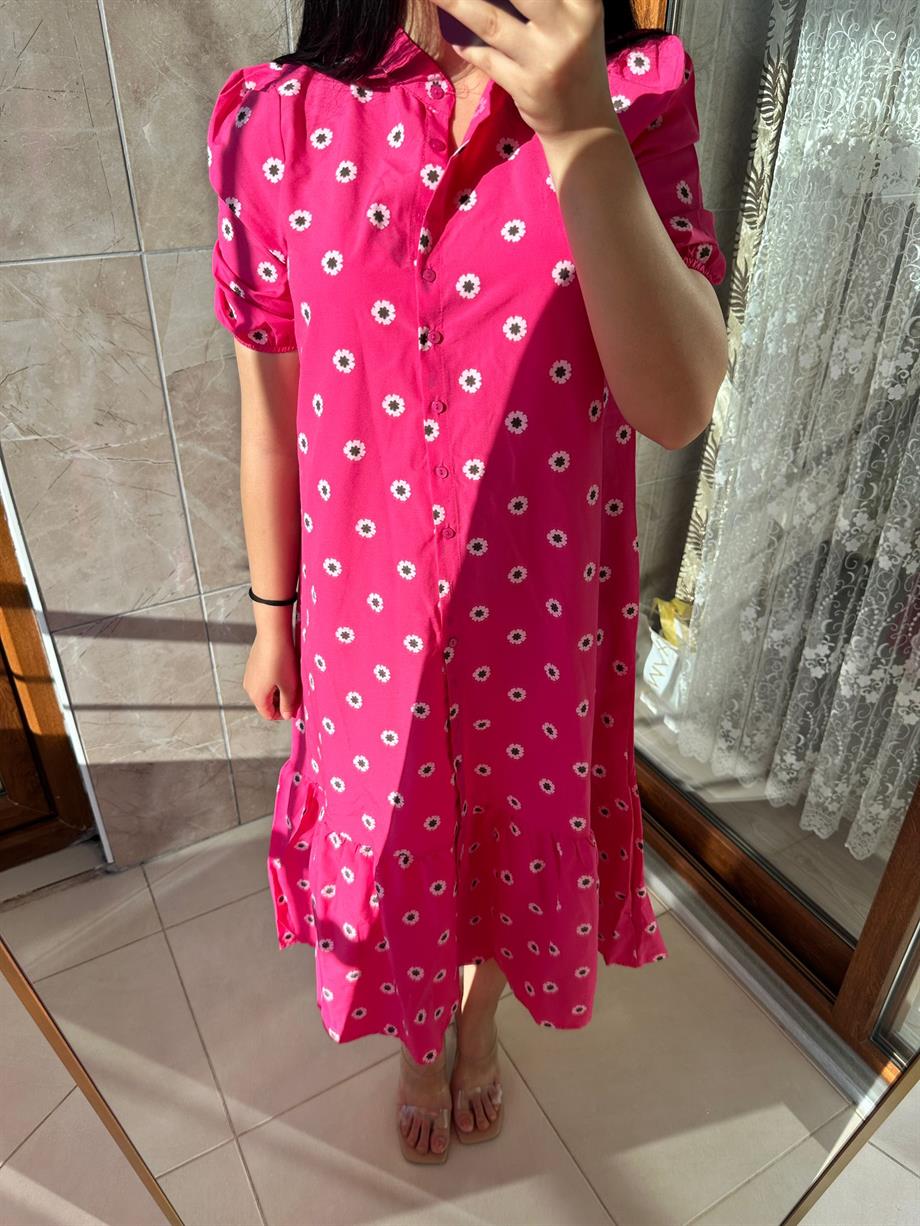 HAKİM YAKA PEMBE MİDİ ELBİSE