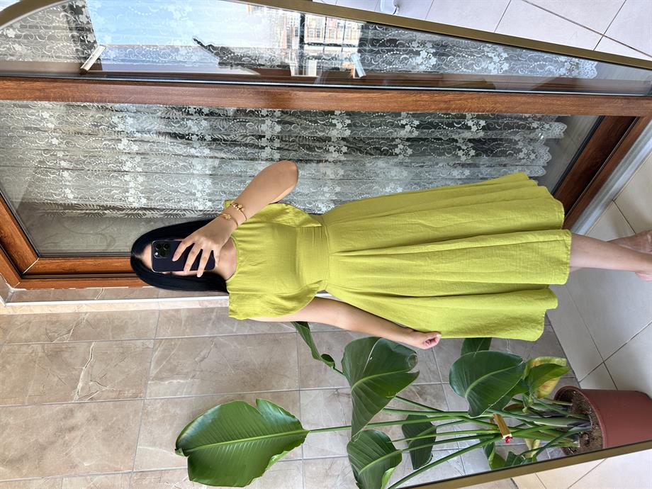 Ham keten yeşil elbise