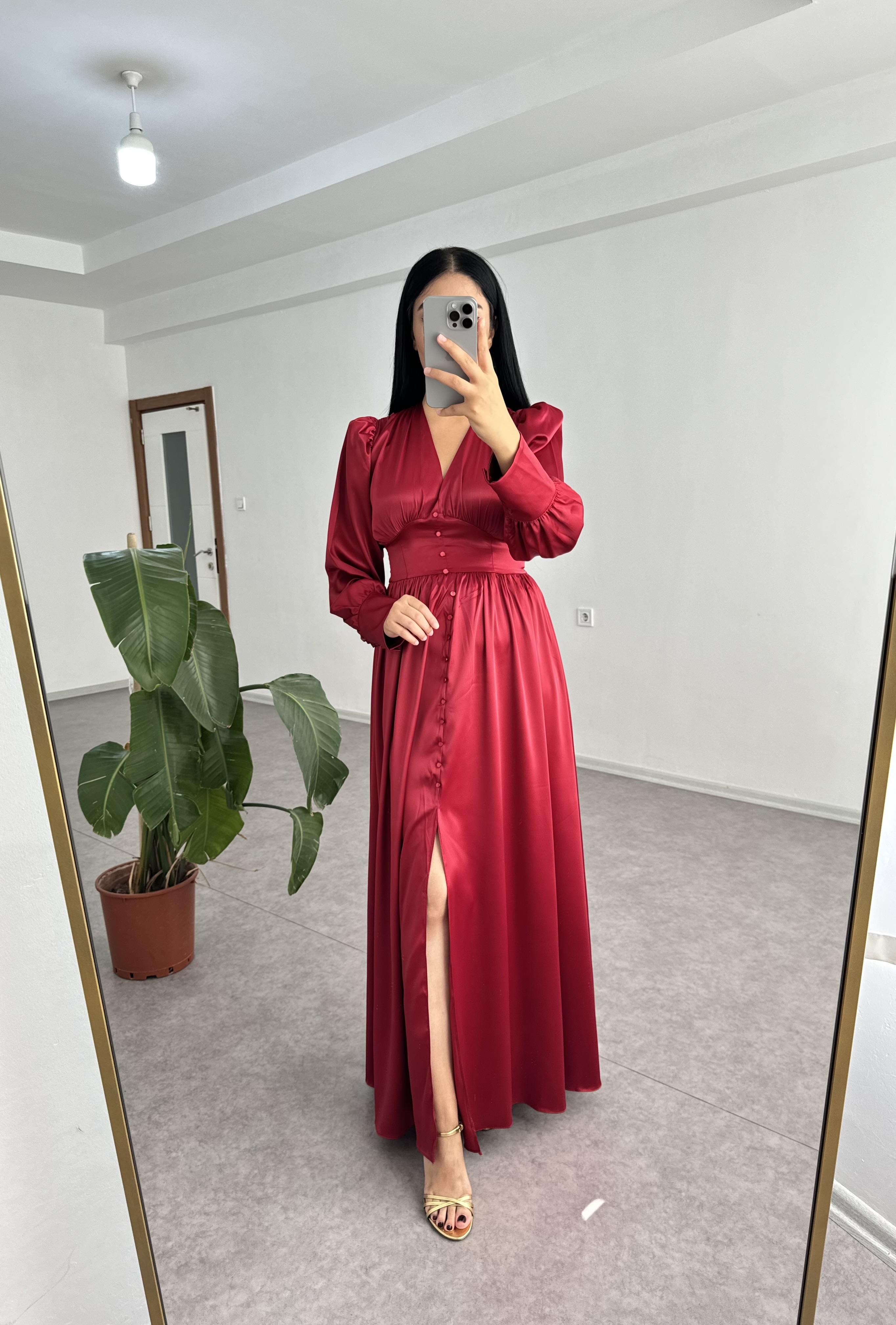 Helen Kırmızı Saten Elbise 