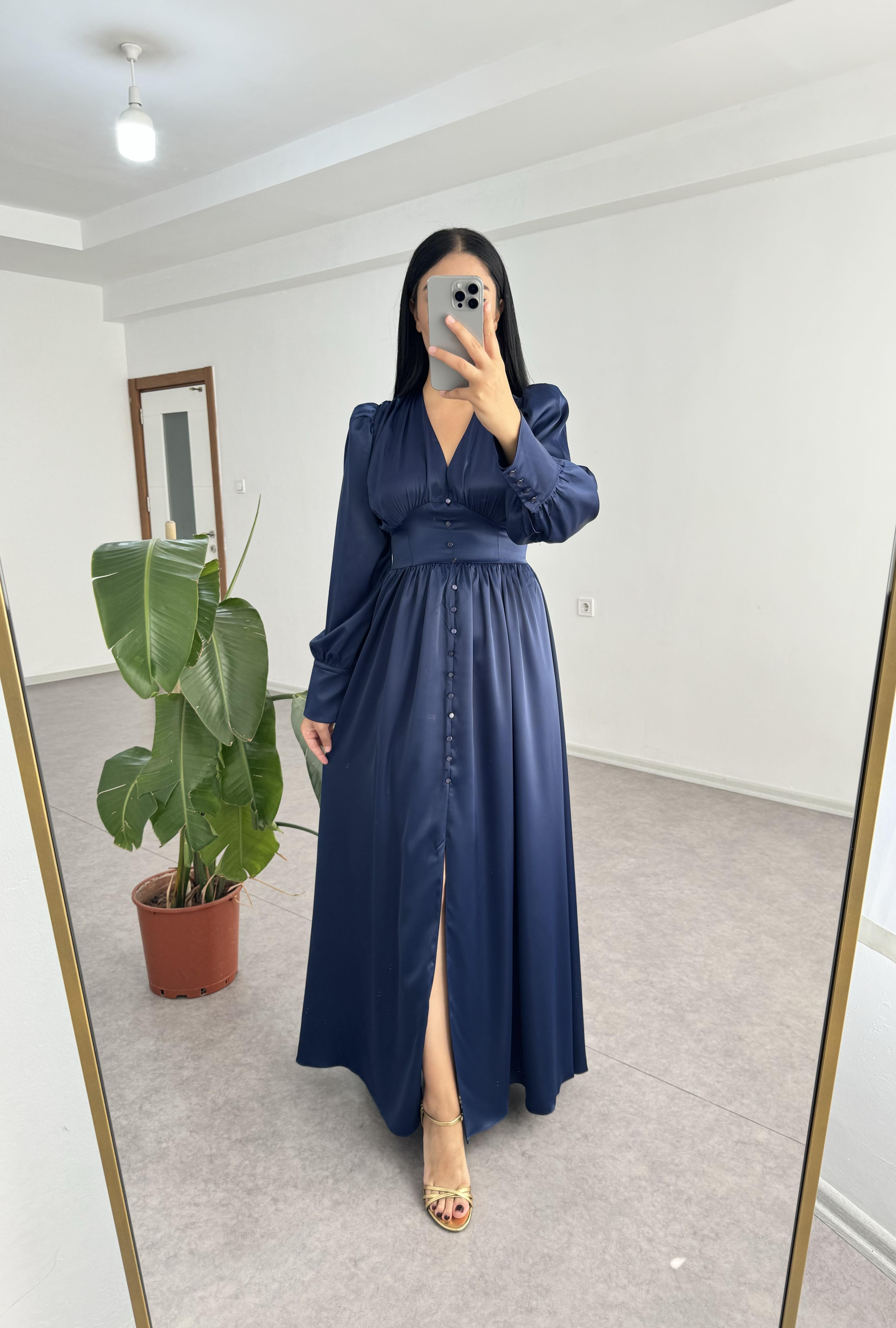 Helen Lacivert Saten Elbise 