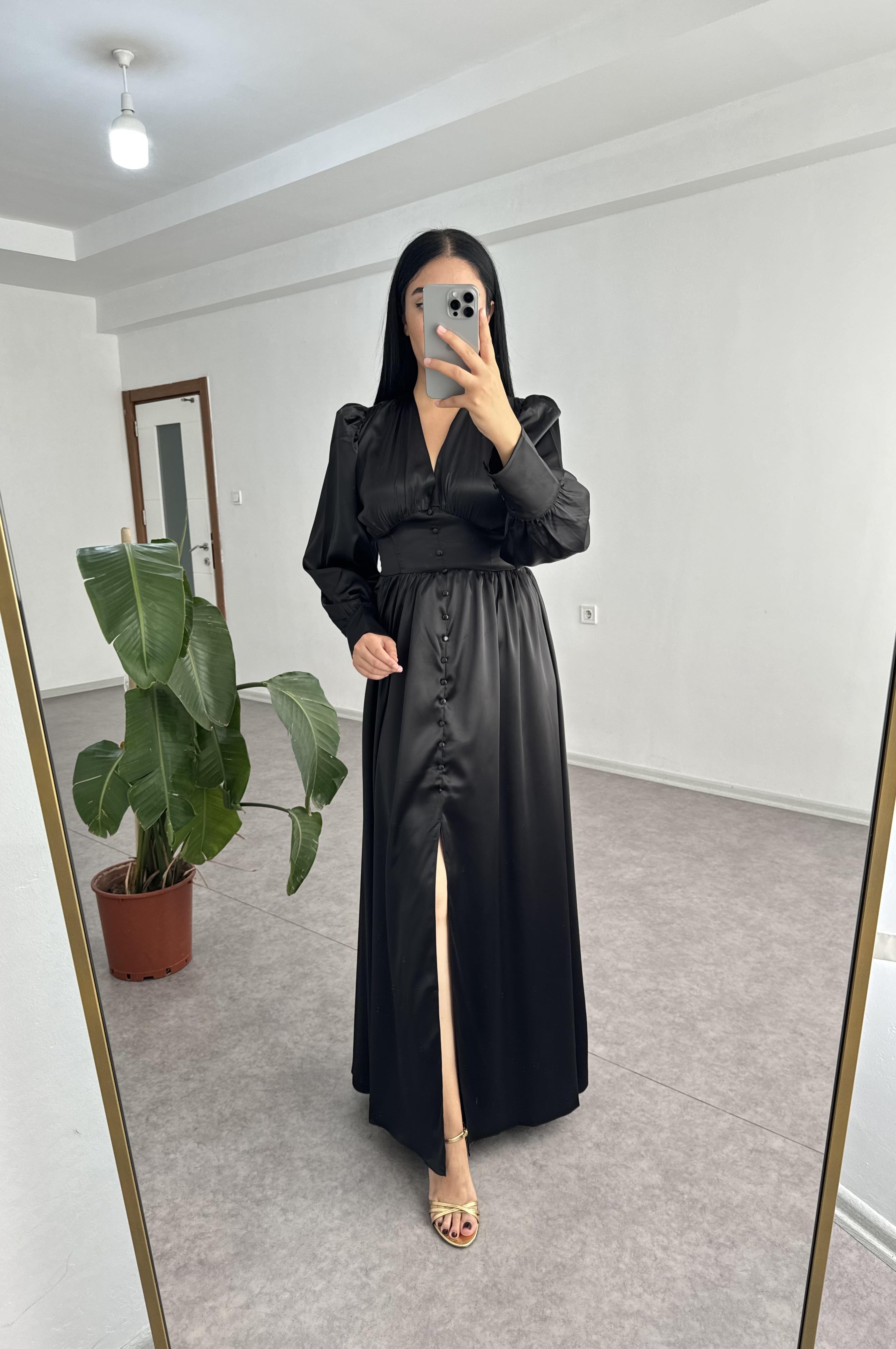 Helen Siyah Saten Elbise 