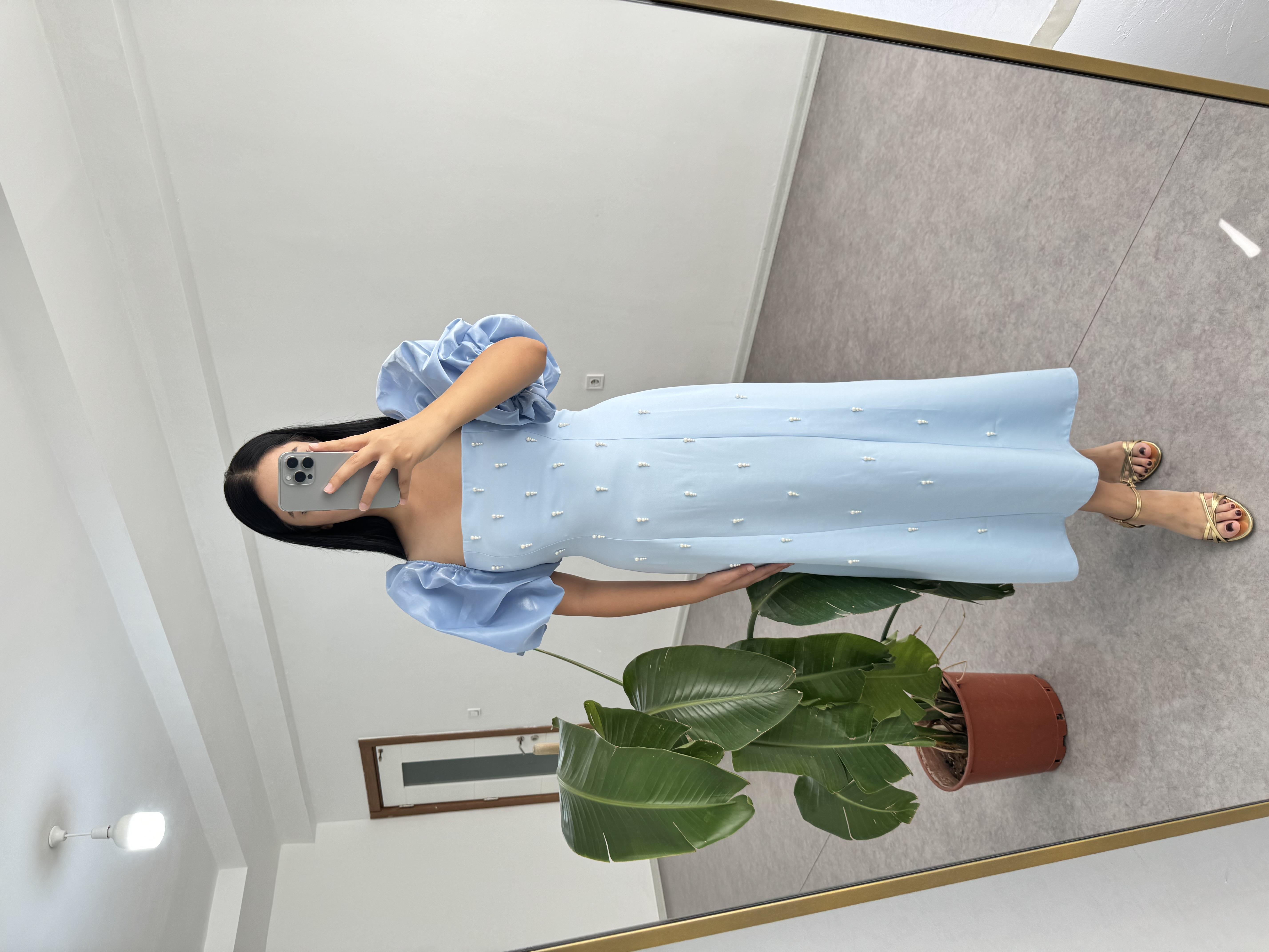 İnci Boncuklu Bebe Mavisi Elbise