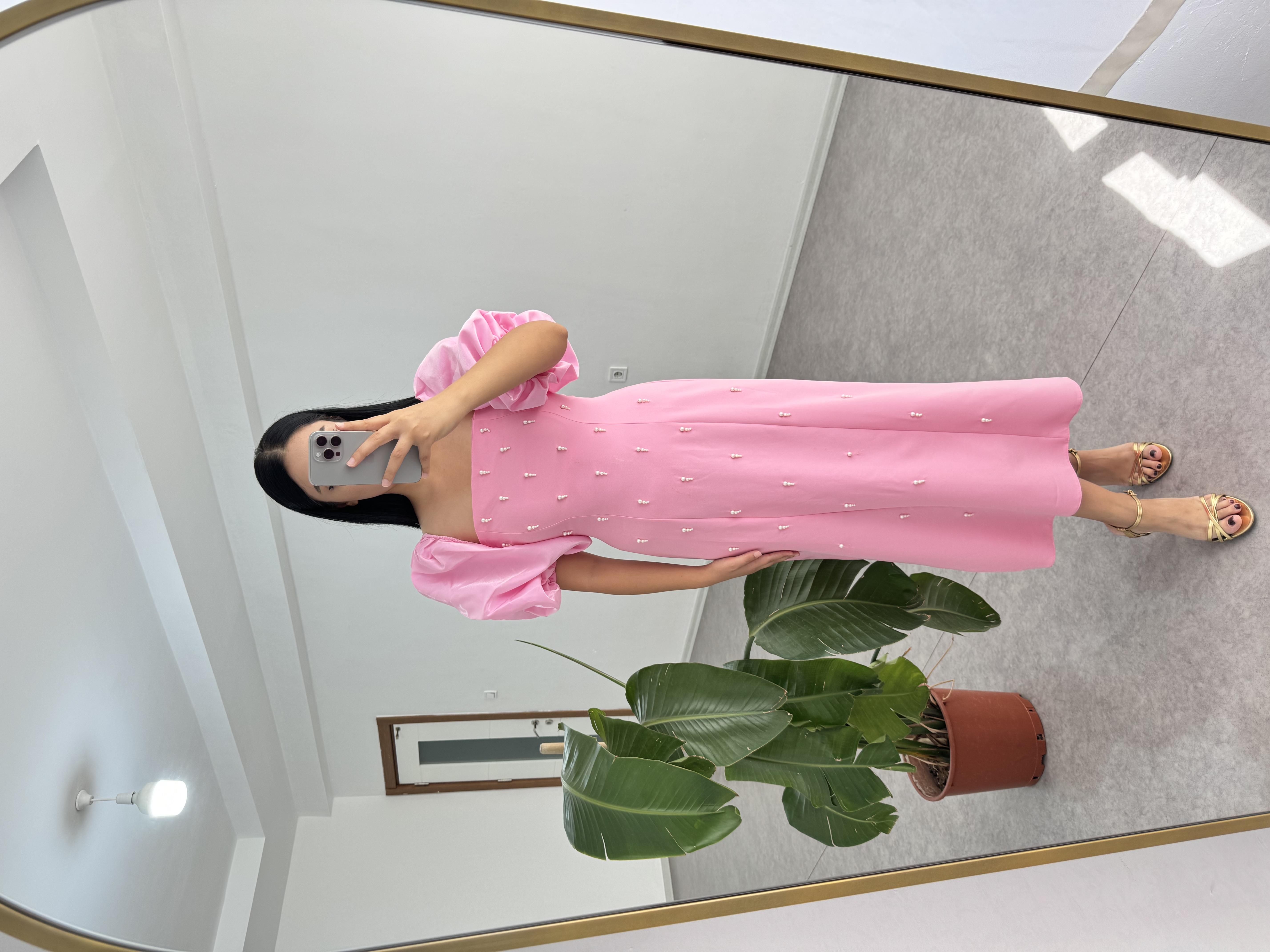 İnci Boncuklu Pembe Elbise 