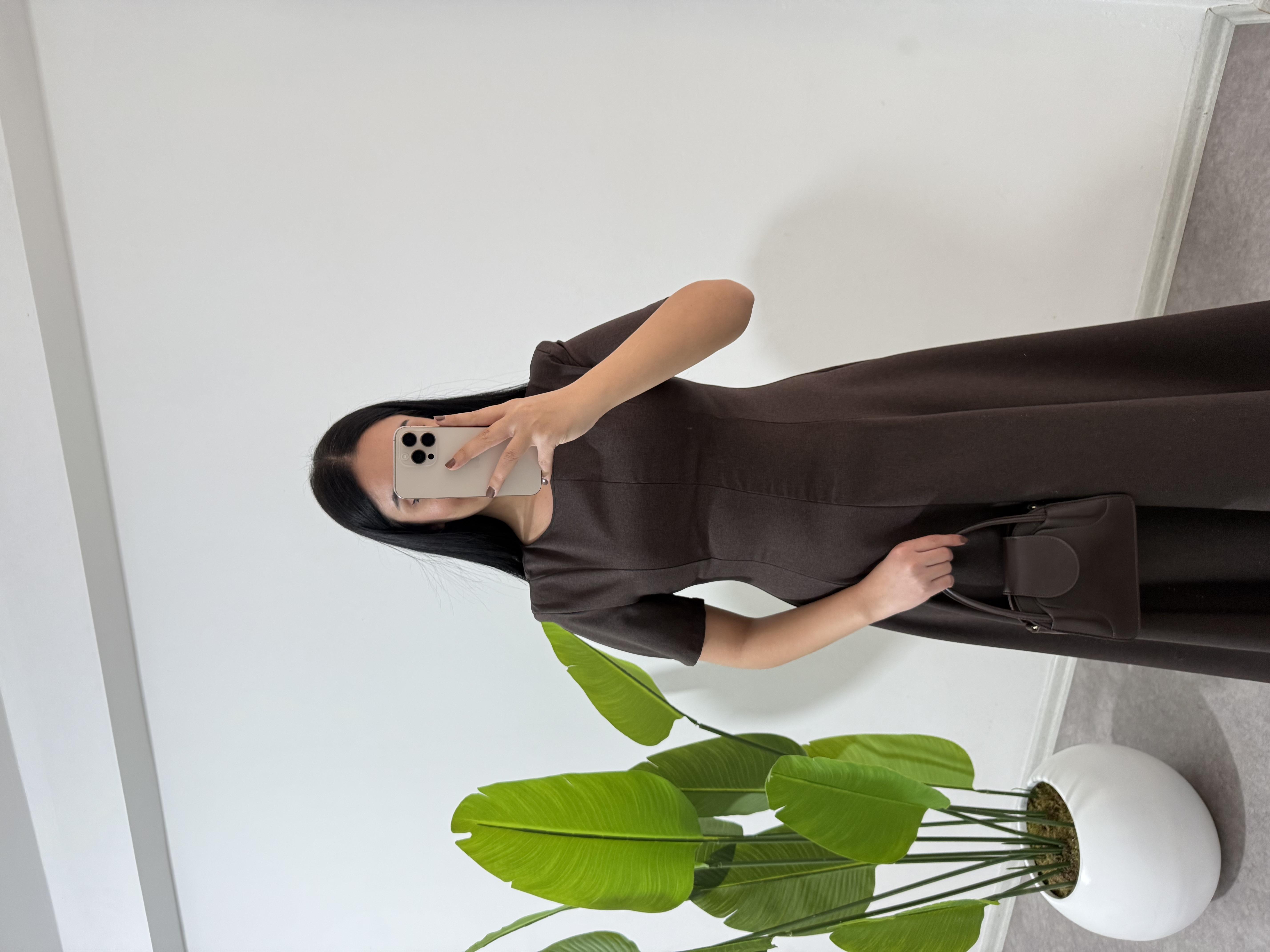 Kahverengi Setre Midi Boy Elbise