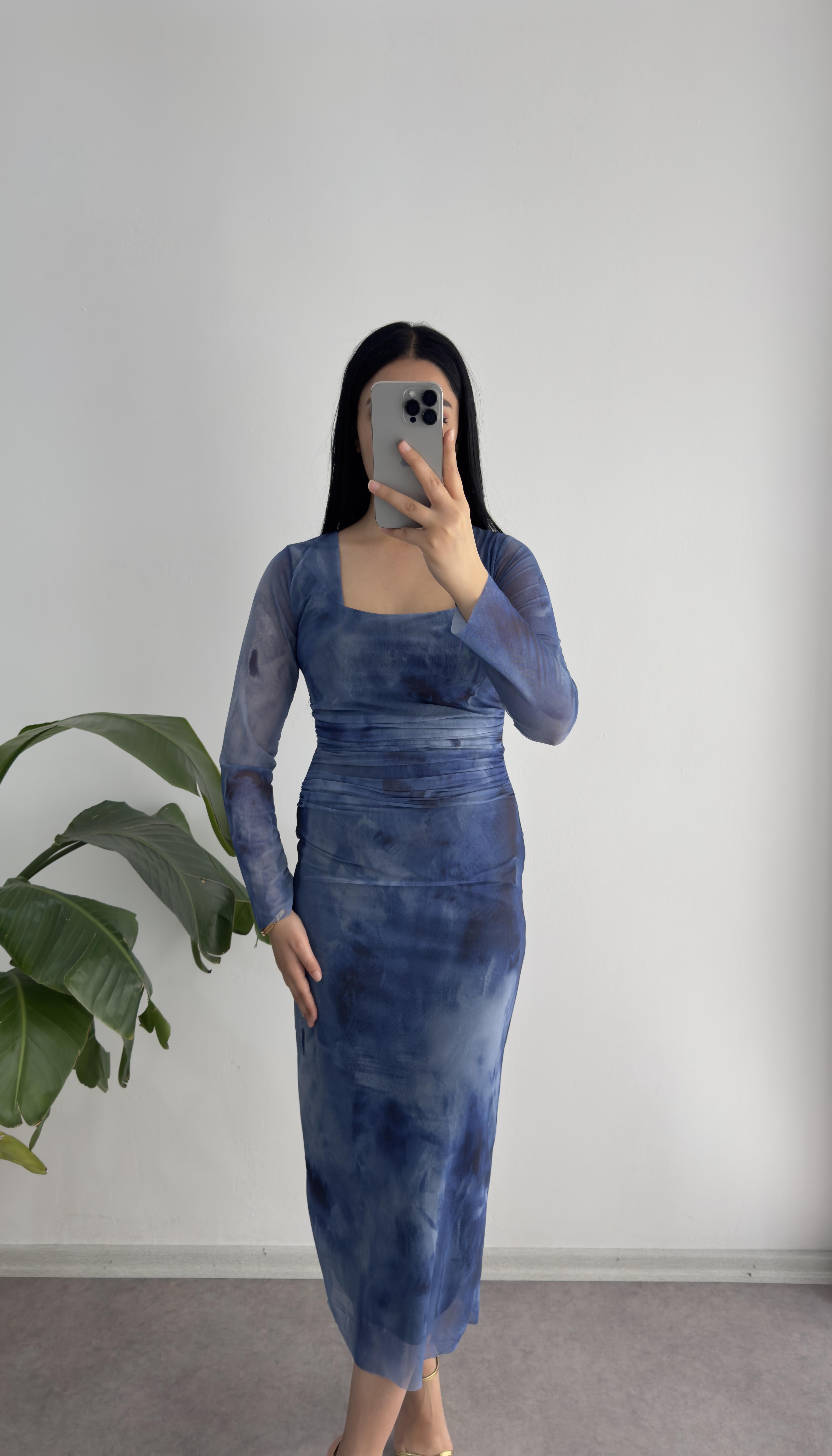 Kare Yaka Mavi Elbise 