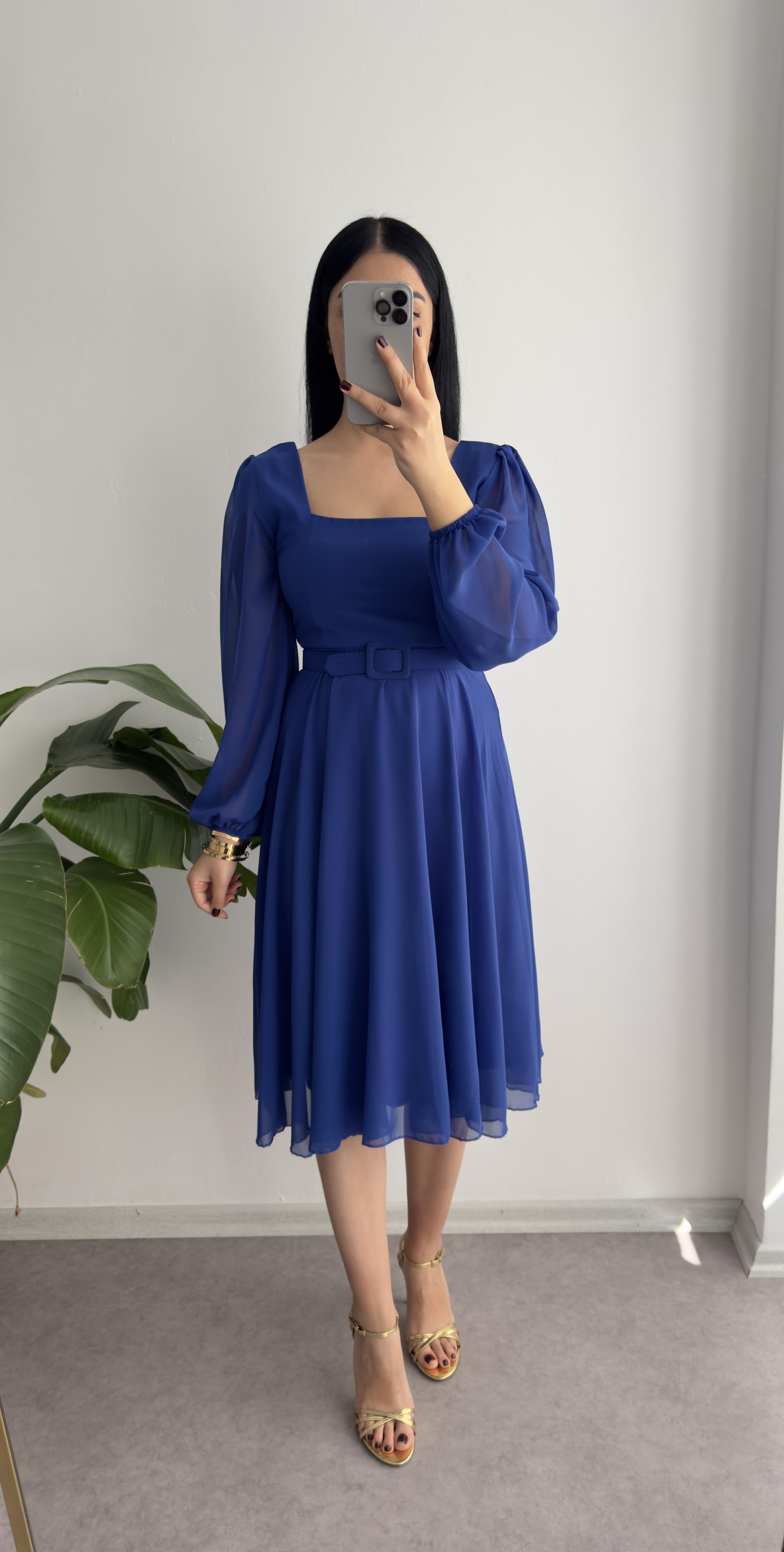 Kare Yaka Mavi Şifon Elbise