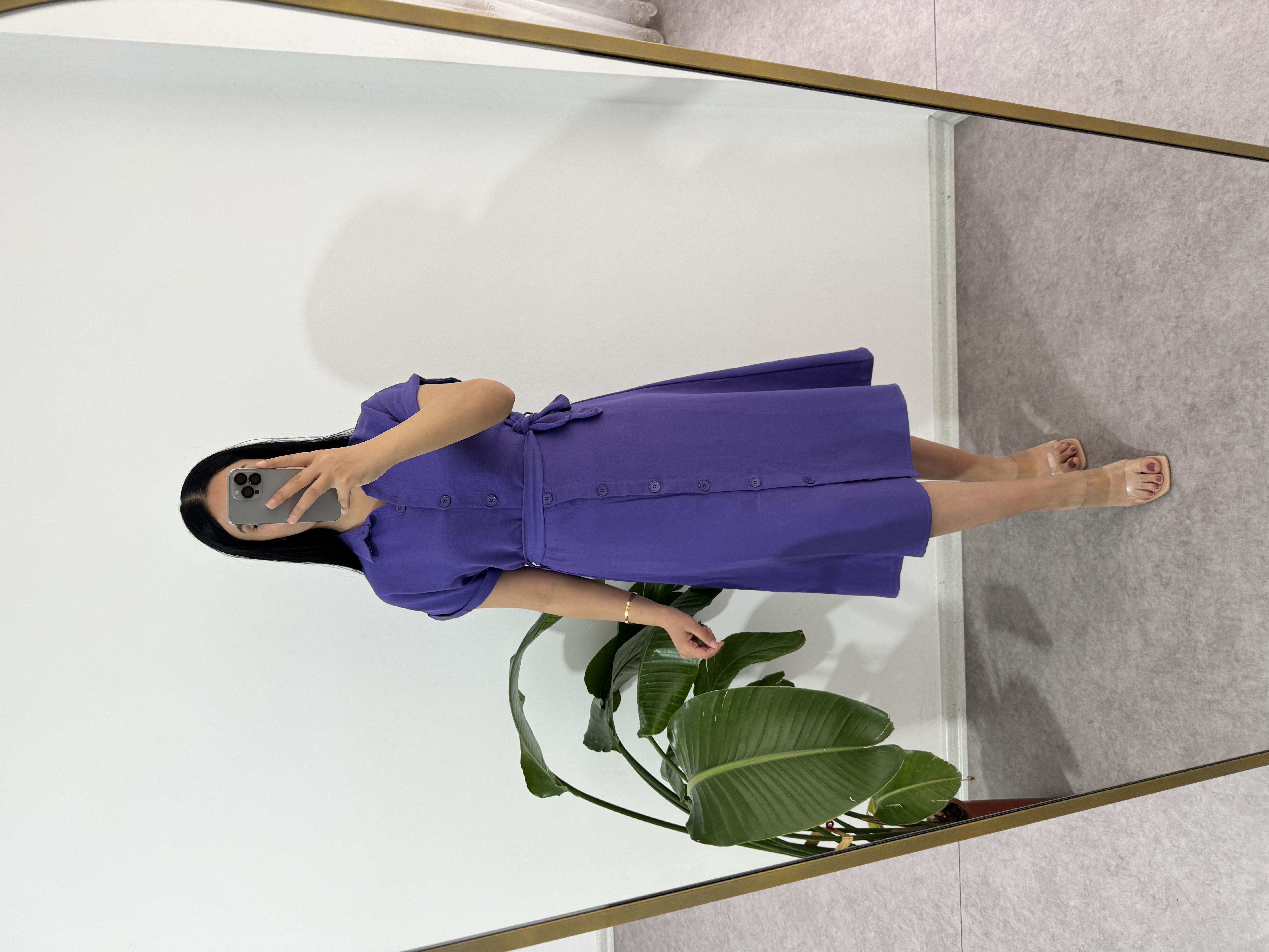 Keten Düğmeli Mor Elbise