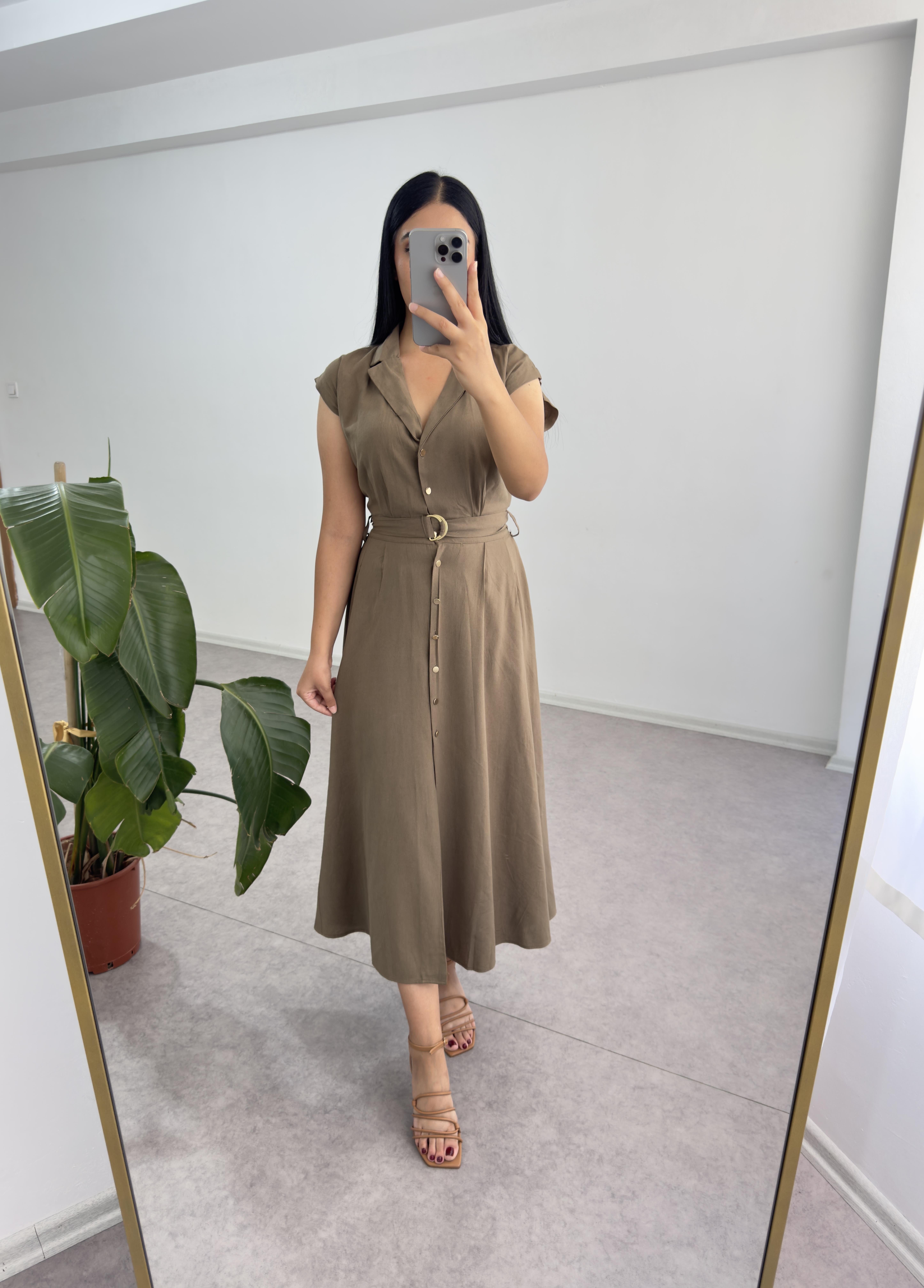 Keten Haki Yeşili Elbise