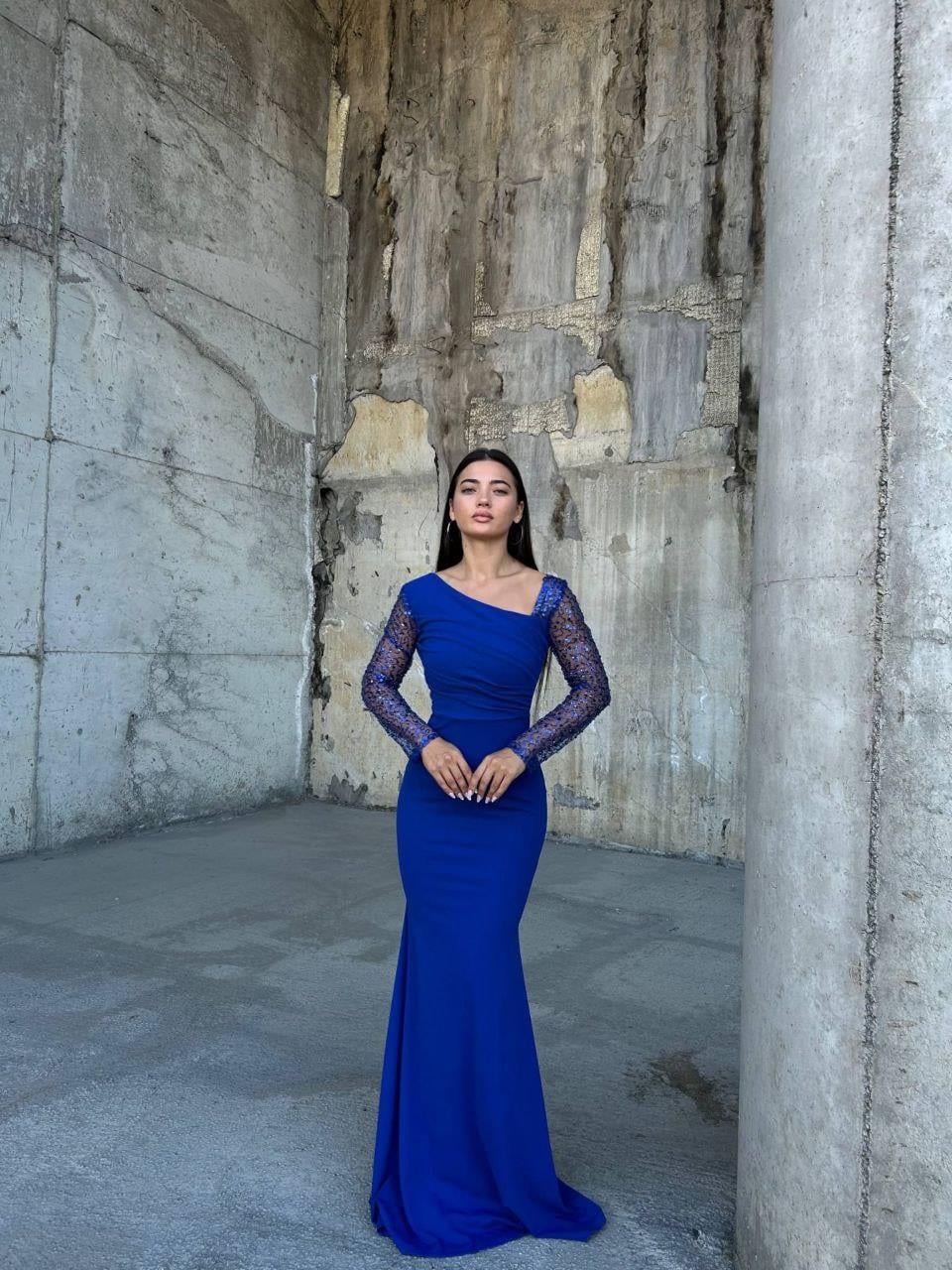 Kollar Payetli Mavi Naca Elbise 