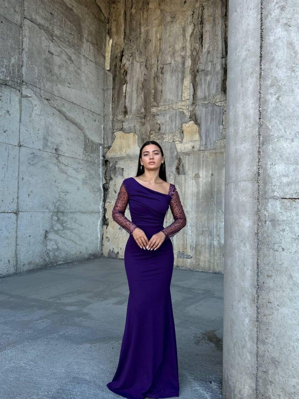 Kollar Payetli Mor Naca Elbise